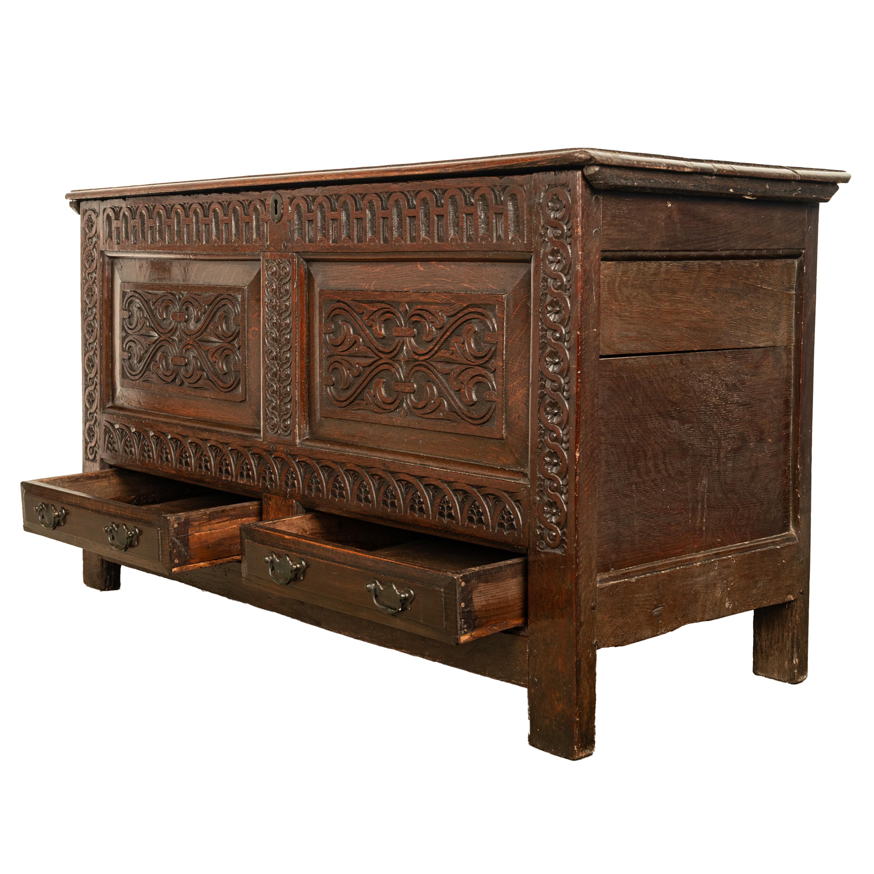  Antique English 17th Century King Charles II Carved Oak Coffer Mule Chest 1680  In Good Condition For Sale In Portland, OR