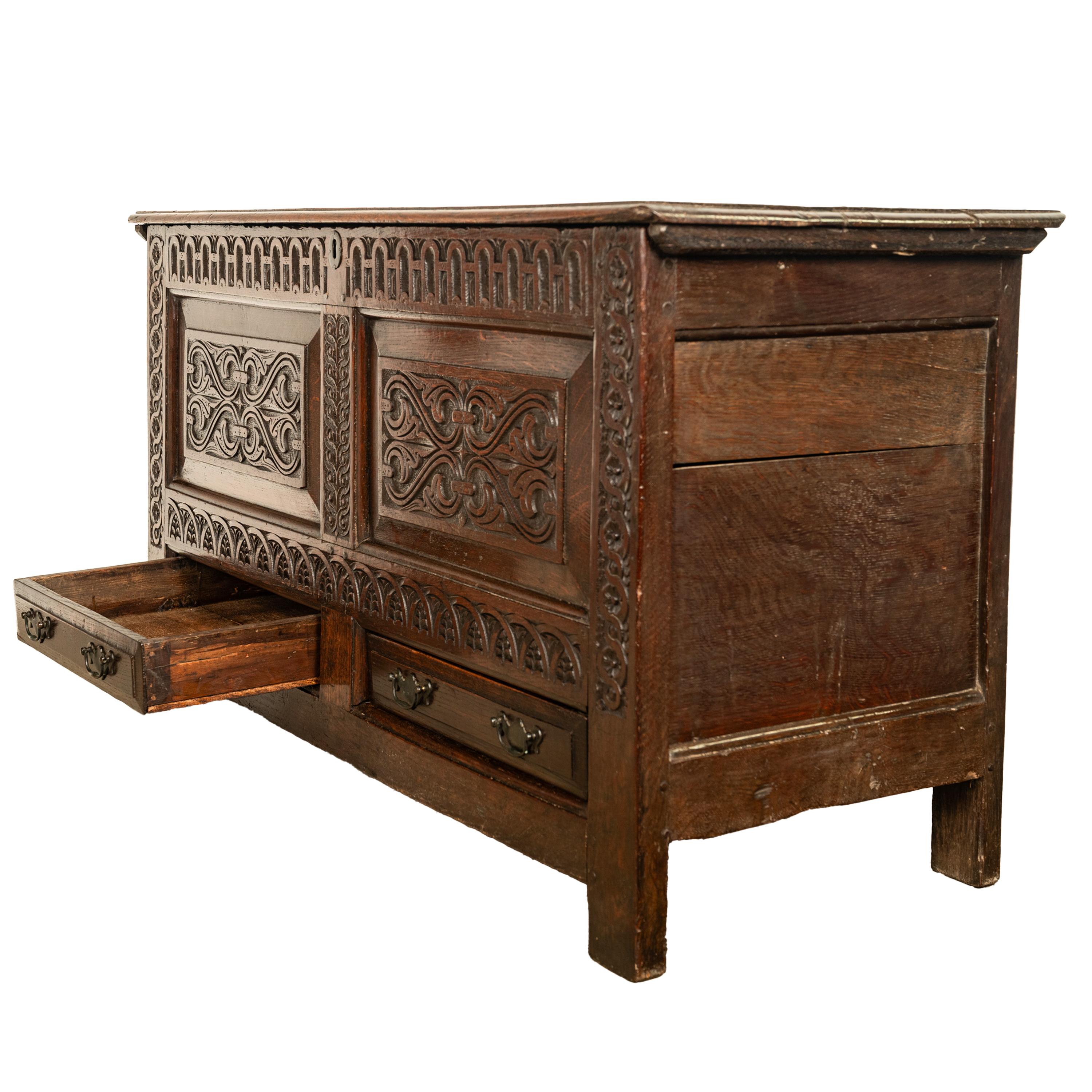  Antique English 17th Century King Charles II Carved Oak Coffer Mule Chest 1680  For Sale 1