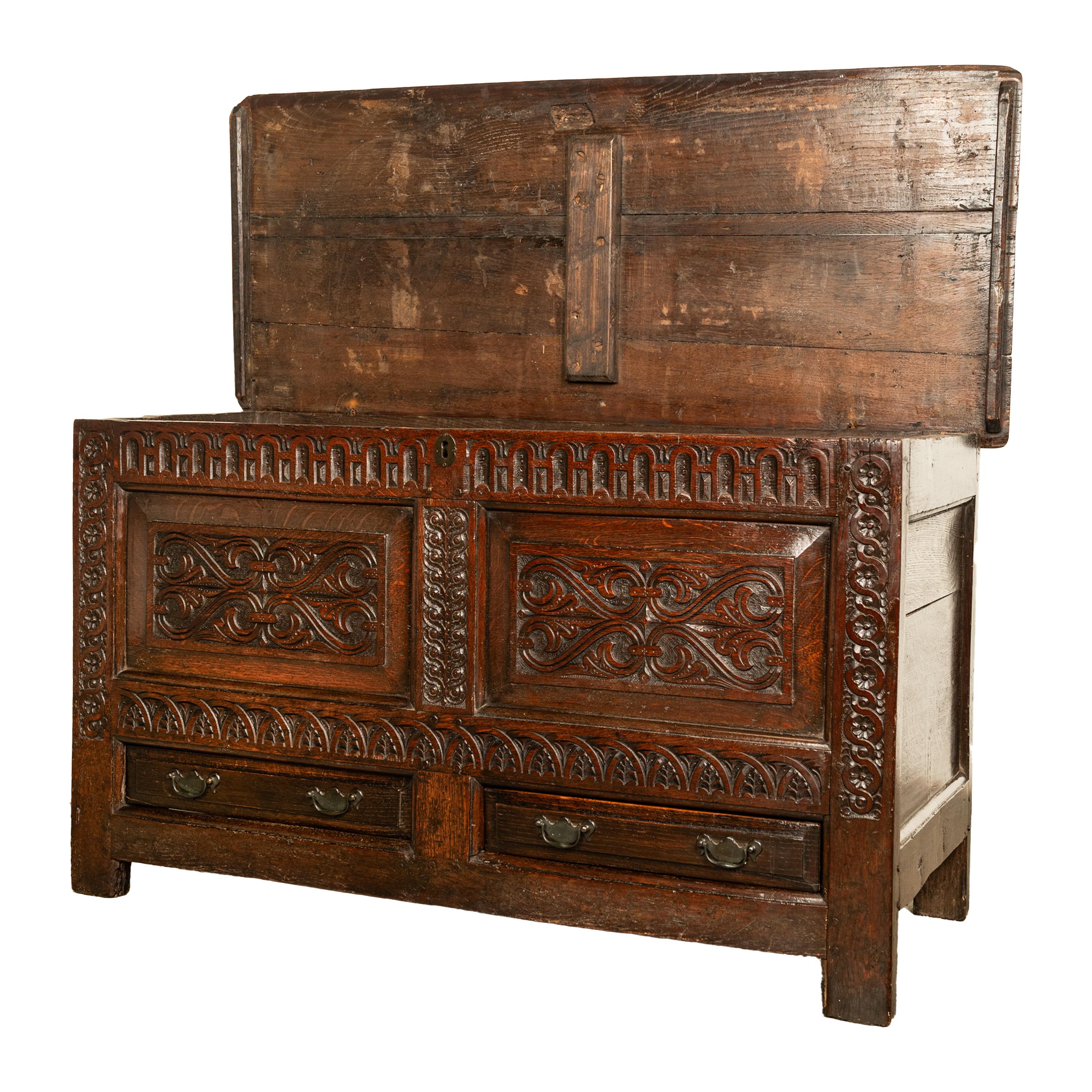  Antique English 17th Century King Charles II Carved Oak Coffer Mule Chest 1680  For Sale 1