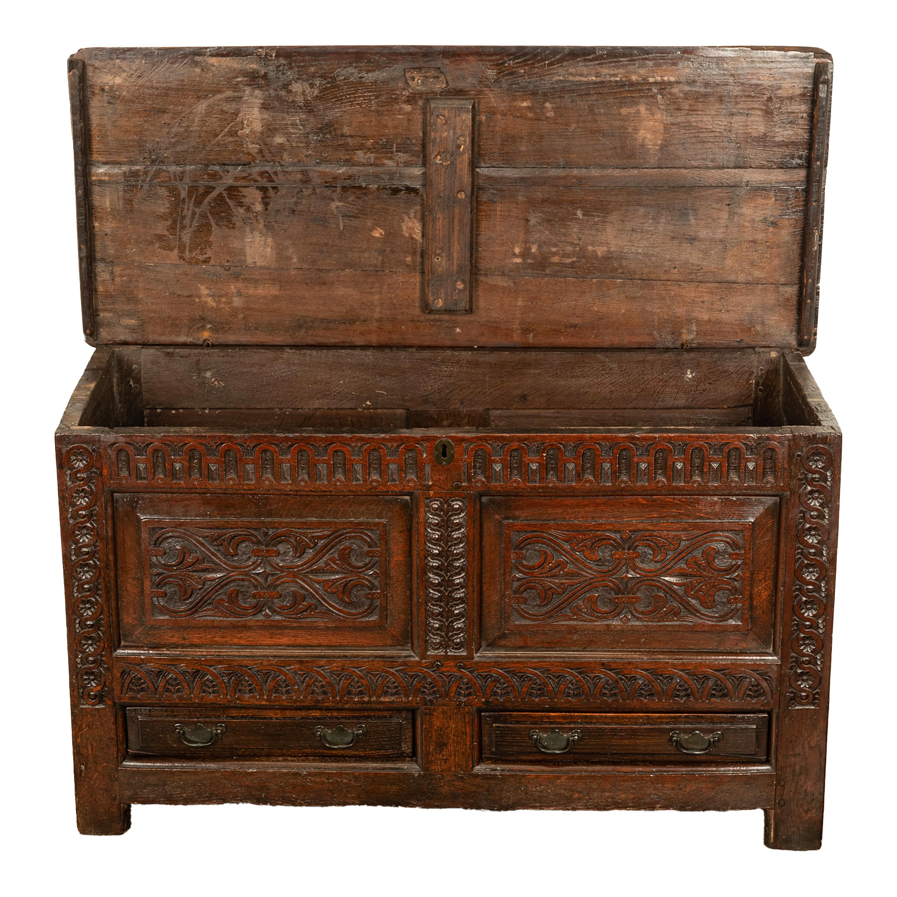  Antique English 17th Century King Charles II Carved Oak Coffer Mule Chest 1680  For Sale 3