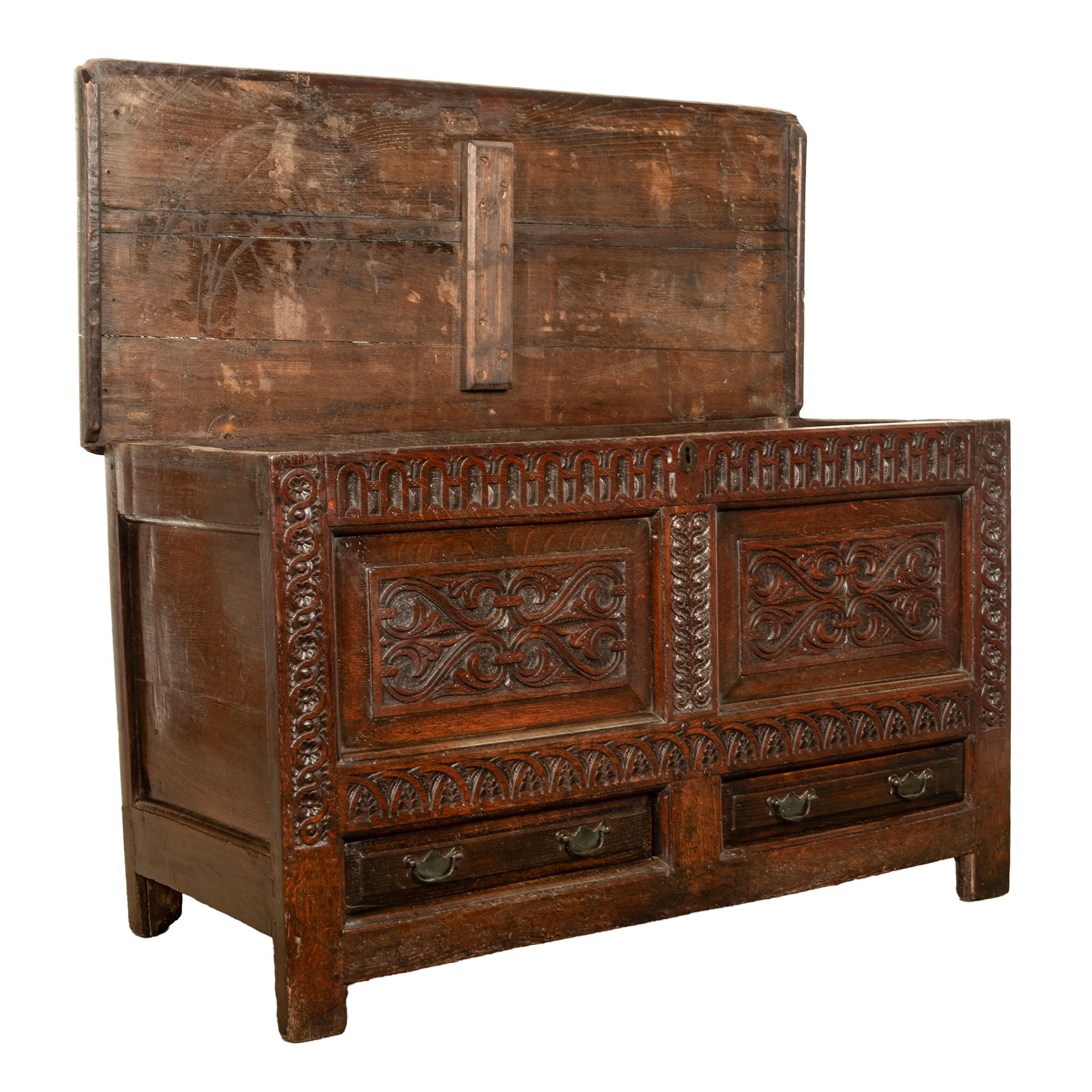  Antique English 17th Century King Charles II Carved Oak Coffer Mule Chest 1680  For Sale 4