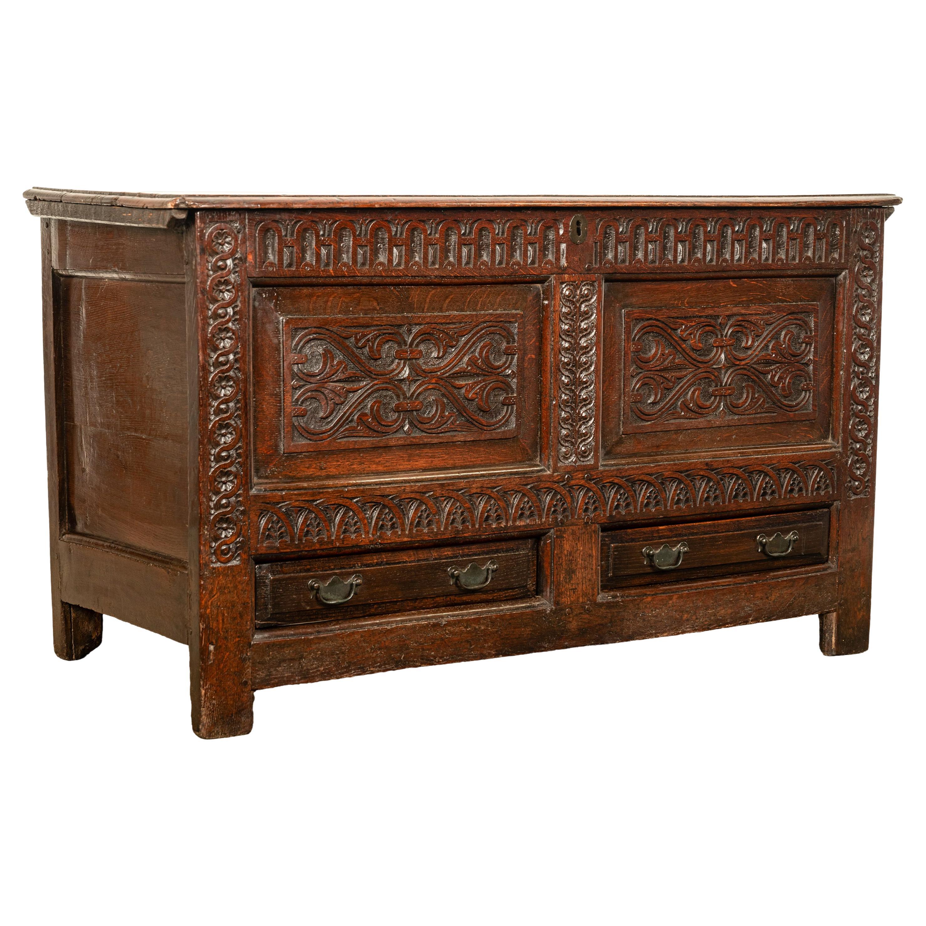  Antique English 17th Century King Charles II Carved Oak Coffer Mule Chest 1680  For Sale