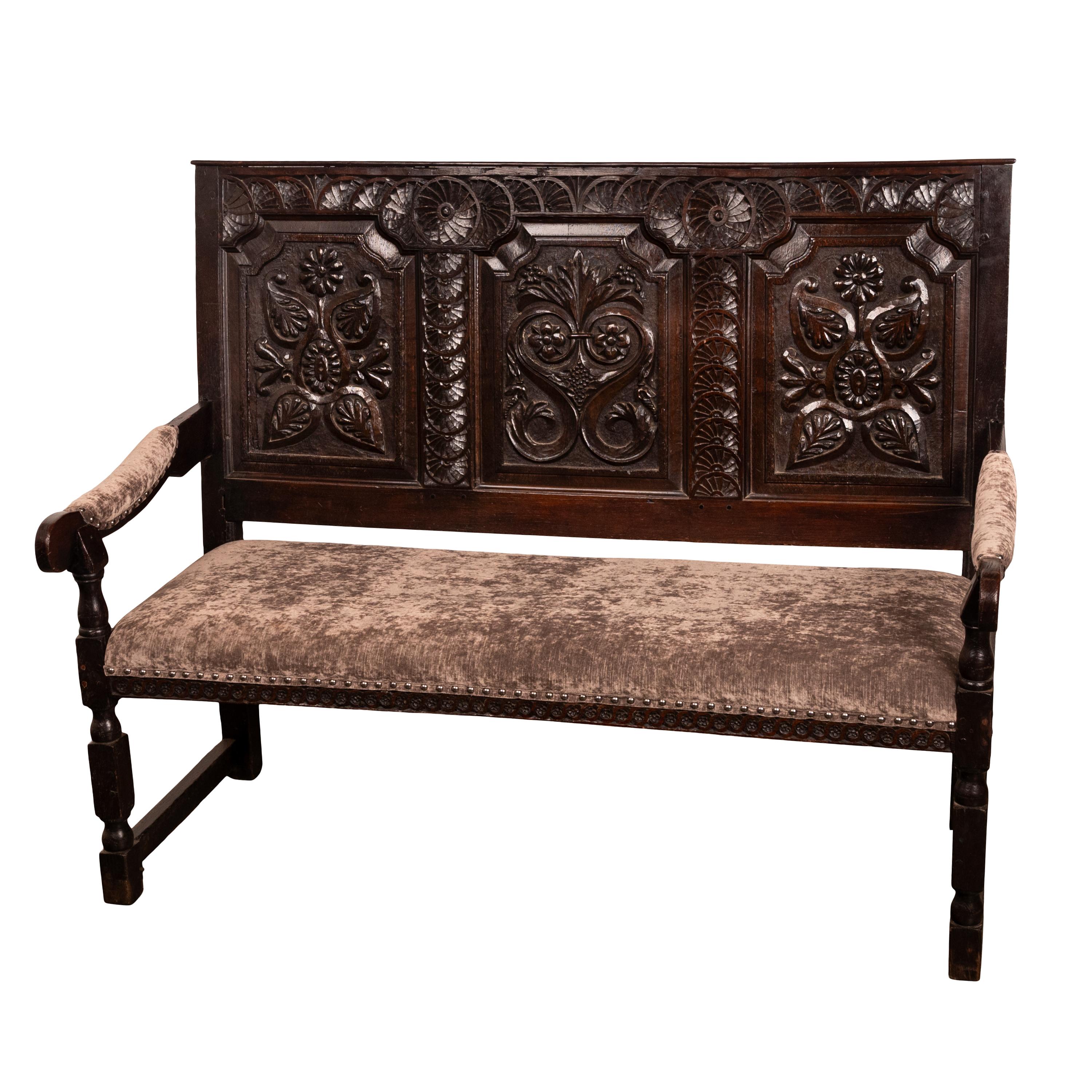 Antique English 17th Century King Charles II Carved Oak Settle Sofa Bench 1680 For Sale 1