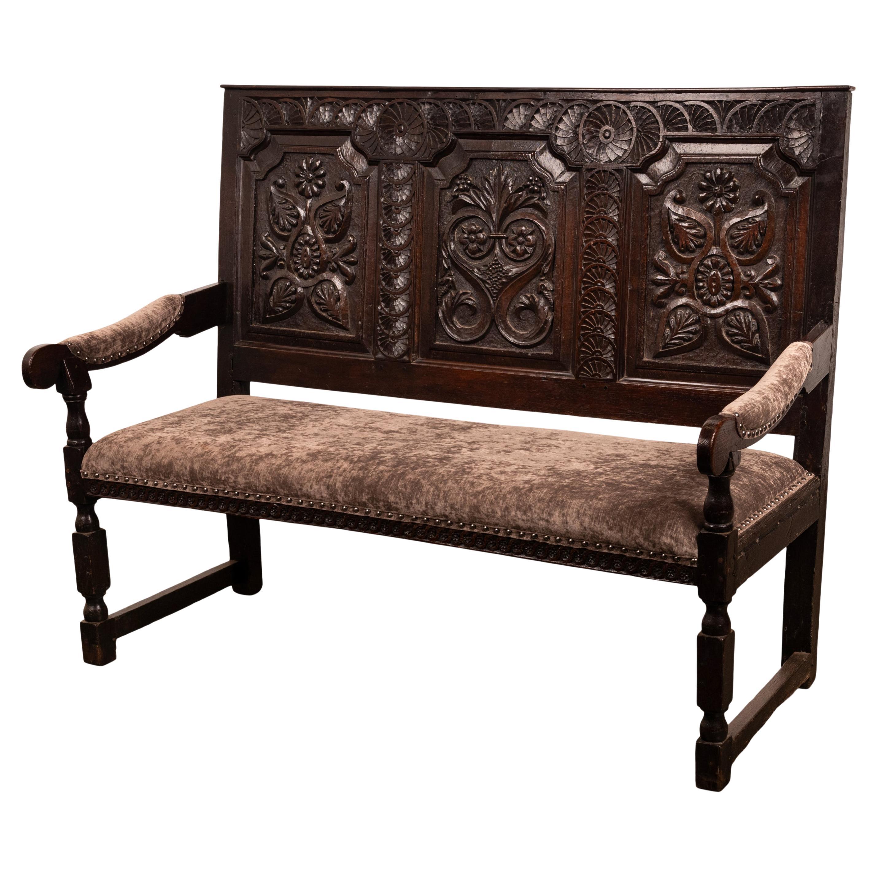 Antique English 17th Century King Charles II Carved Oak Settle Sofa Bench 1680