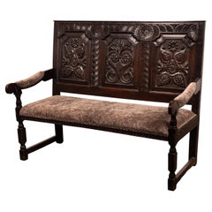 Vintage English 17th Century King Charles II Carved Oak Settle Sofa Bench 1680