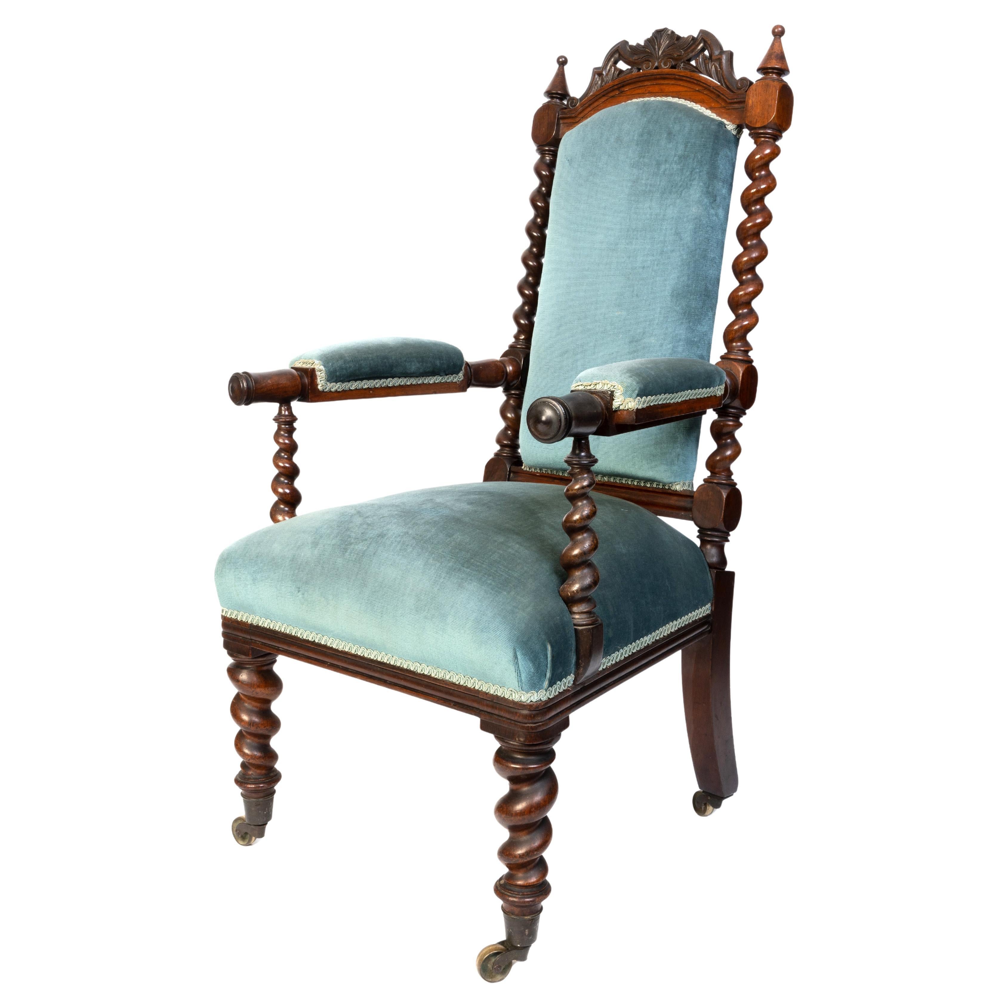 Antique English 17th Century Style Barley Twist Open Armchair