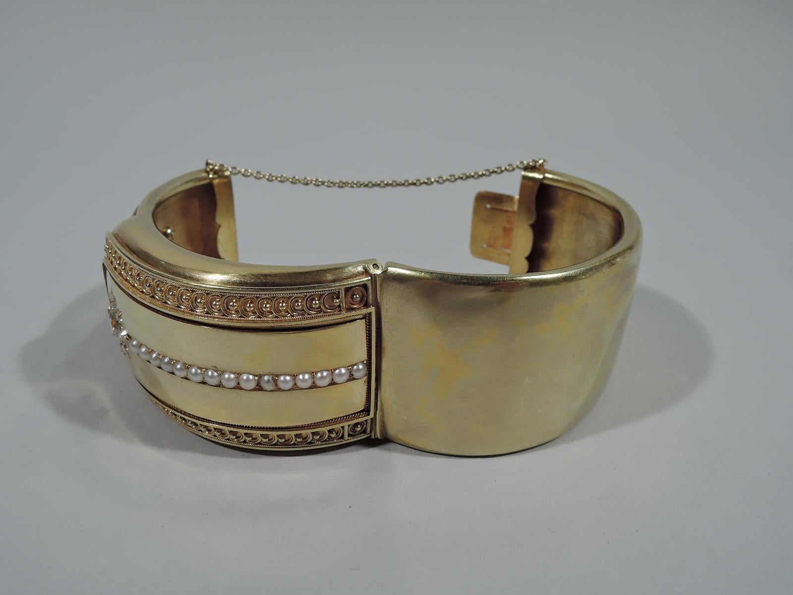 Late Victorian Antique English 18 Karat Gold Cuff Bracelet with Pearls and Diamonds