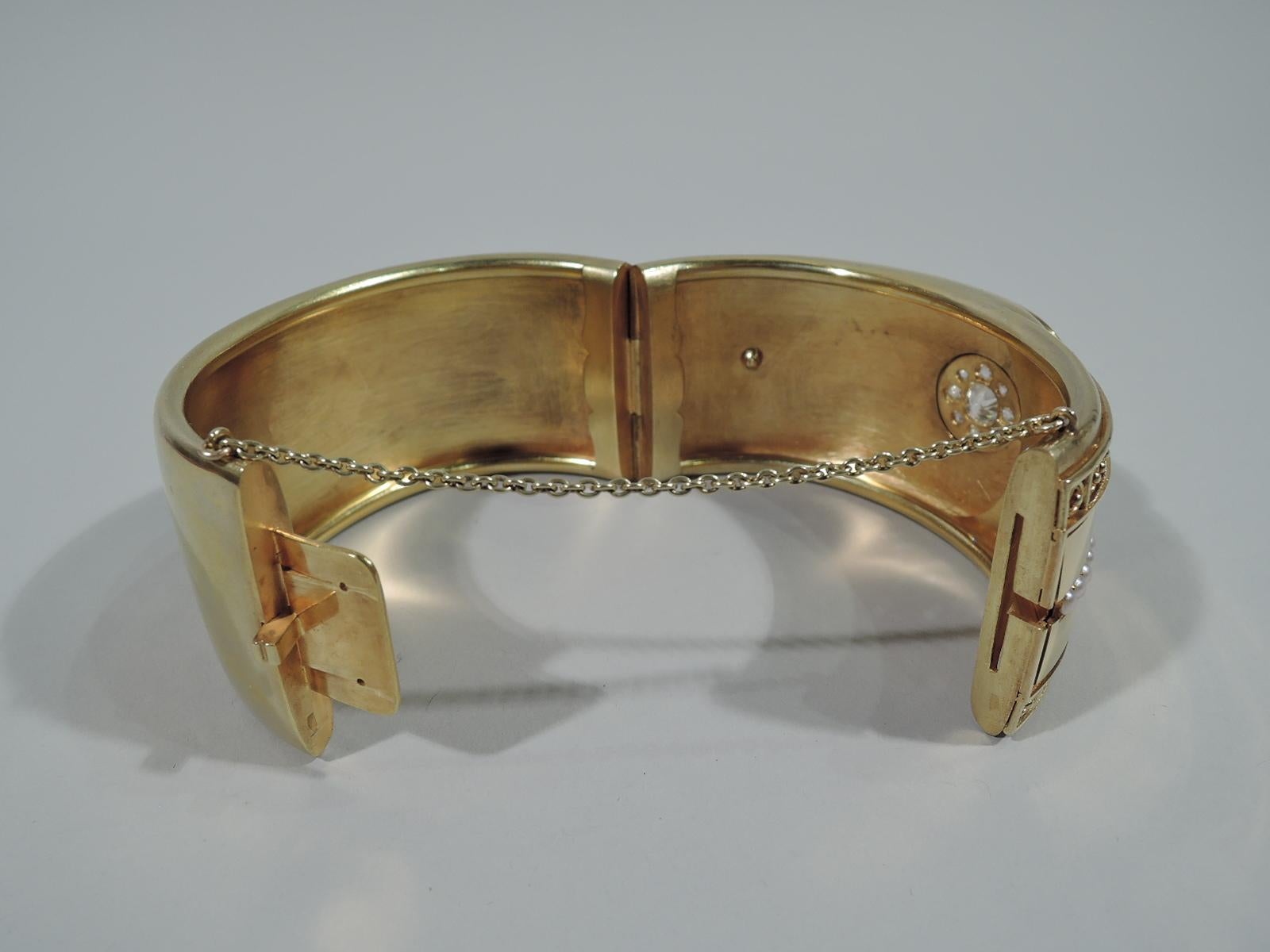Old Mine Cut Antique English 18 Karat Gold Cuff Bracelet with Pearls and Diamonds