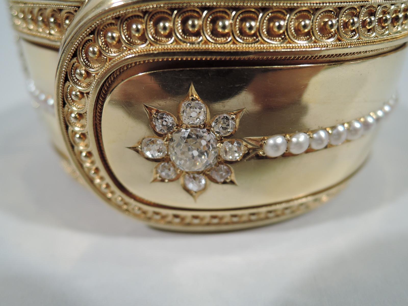 Women's Antique English 18 Karat Gold Cuff Bracelet with Pearls and Diamonds