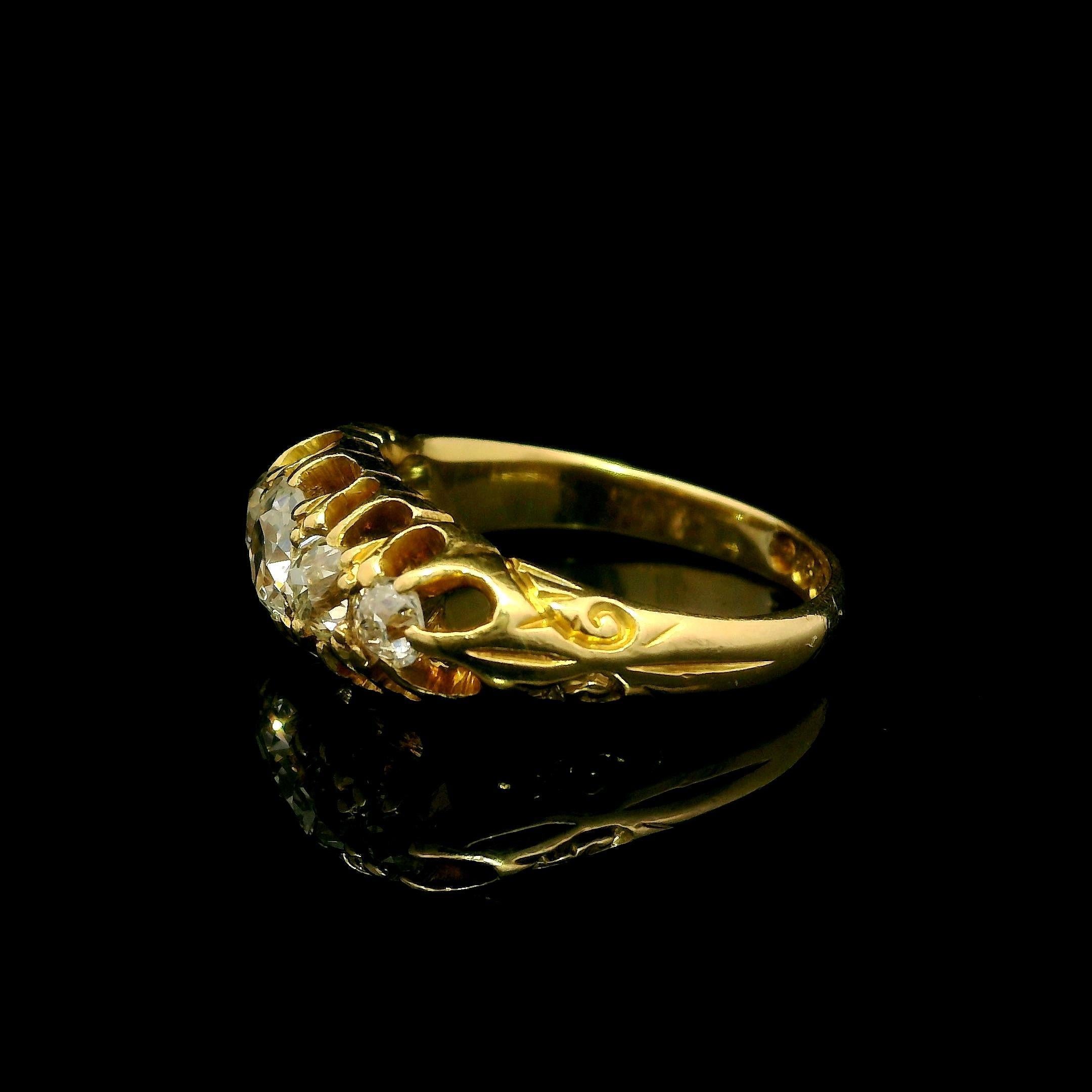 --Stone(s):--
(5) Natural Genuine Diamonds - Old Mine Cut - Fishtail Pave Set - Nice Brilliant White Color - Near Colorless - Nice Old Cuts
Total Carat Weight: 1.40 (approx.)

Material: Solid 18k Yellow Gold
Weight: 5.59 Grams
Ring Size: 6.5 (We can
