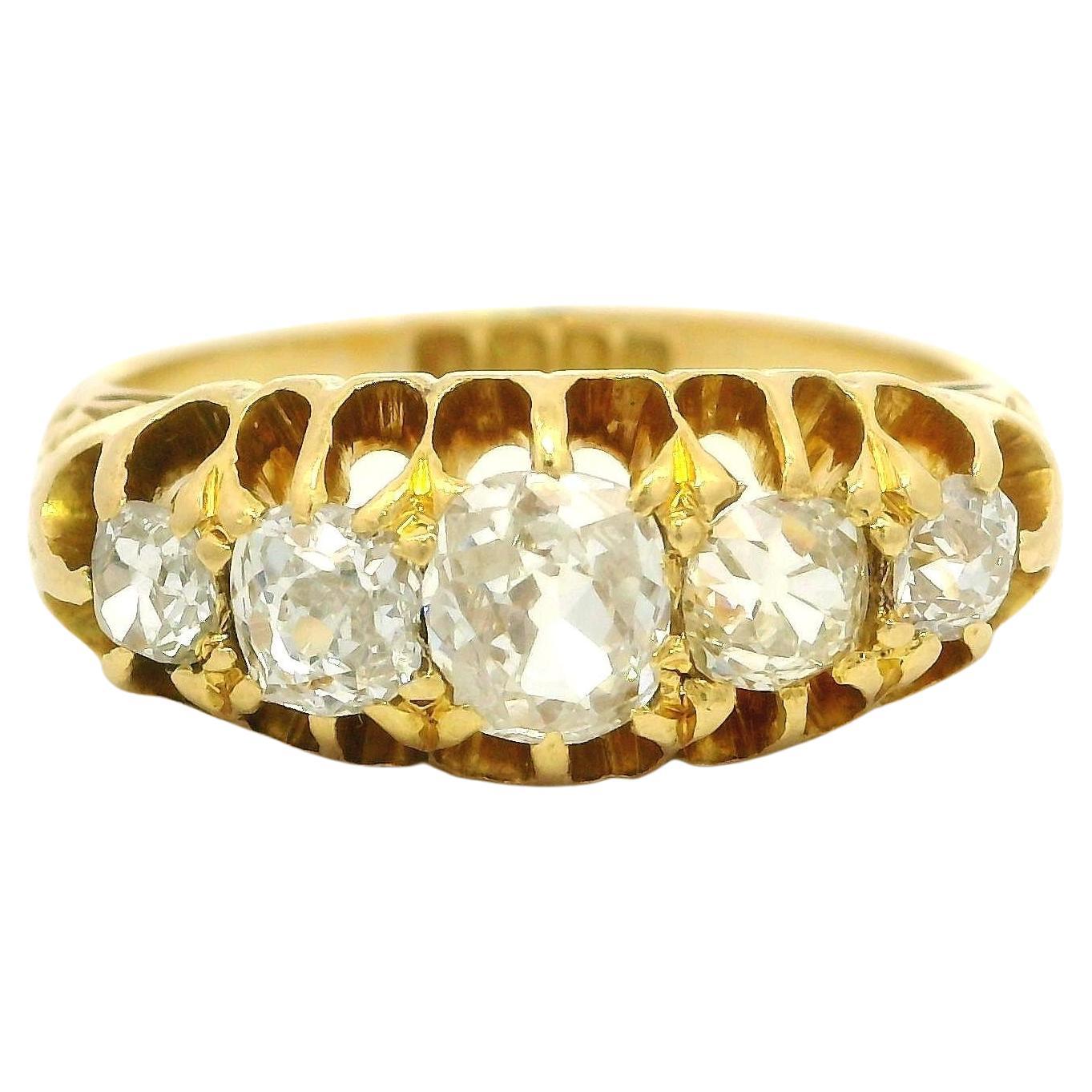 Antique English 18k Gold 1.4ct Chunky Old Mine Cut Diamond 5 Stone Band Ring