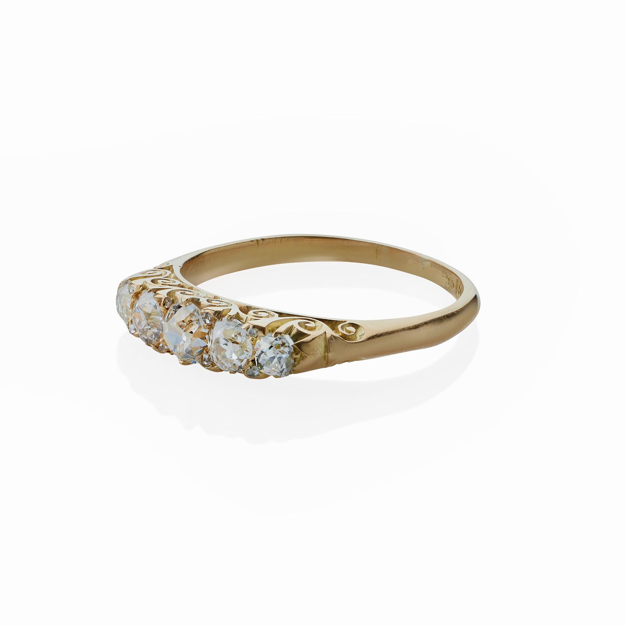 Old Mine Cut Antique English 18K Gold and Five Stone Diamond Ring For Sale