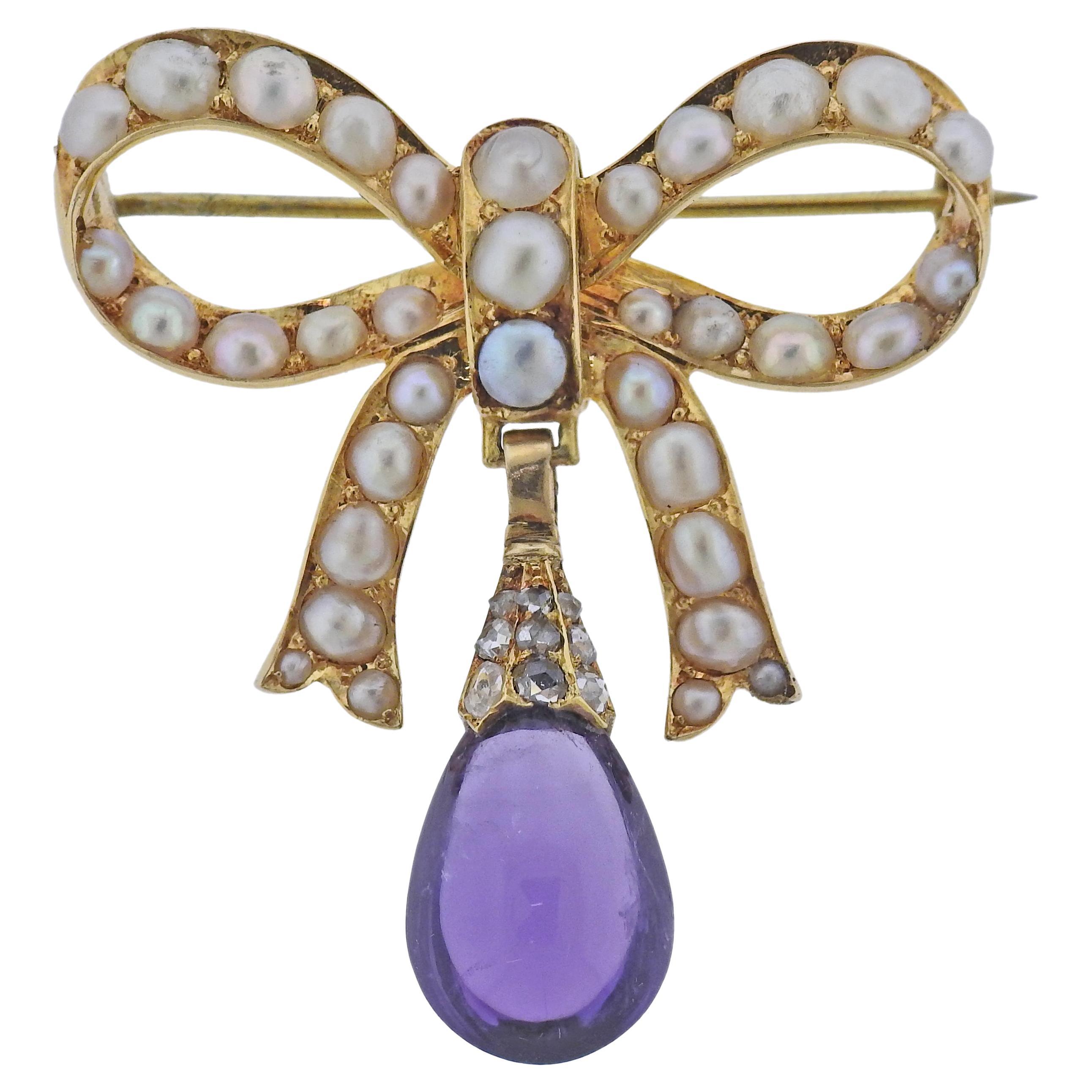 Antique English 18k Gold Diamond Amethyst Pearl Brooch