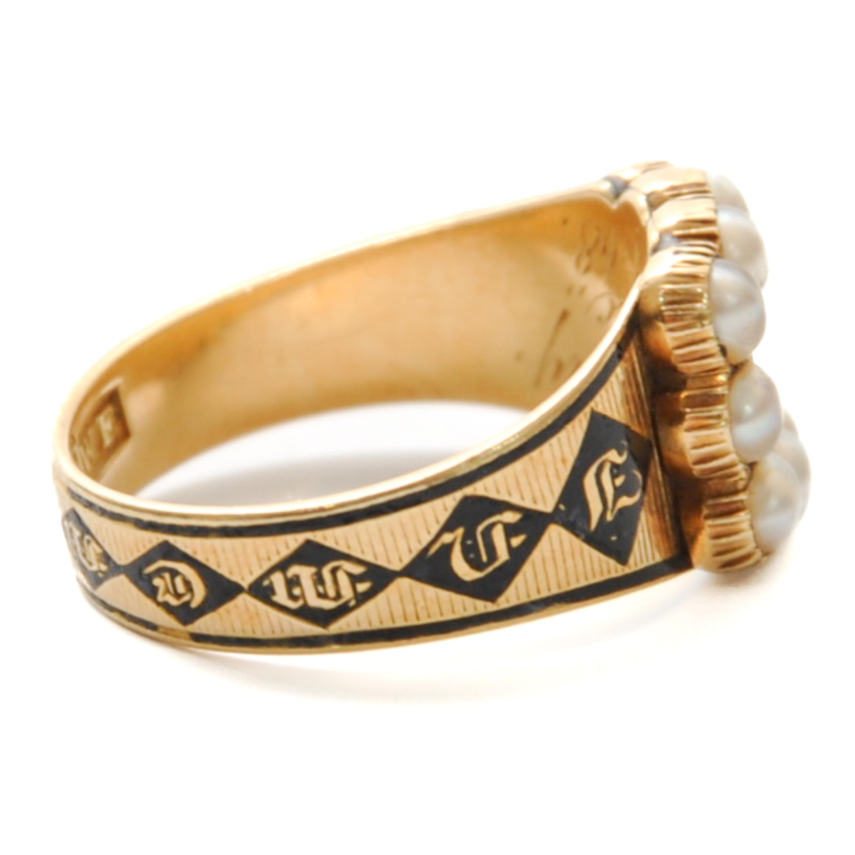 Antique 1831 English 18K Gold Memorial Ring with Pearls and Black Enamel For Sale 4