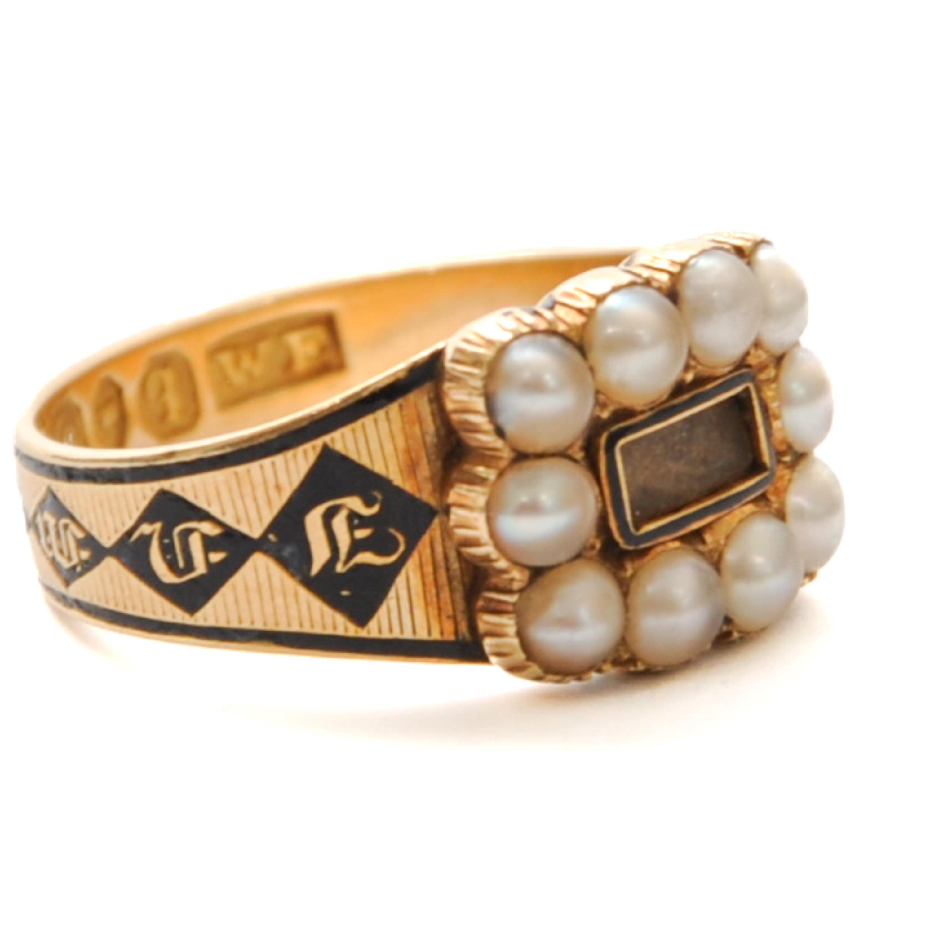 Round Cut Antique English 18K Gold Memorial Ring from 1831 with Pearls and Black Enamel For Sale