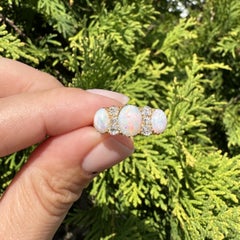 Antique English 18k Yellow Gold Oval Opal Old Mine Cut Diamond Band Ring