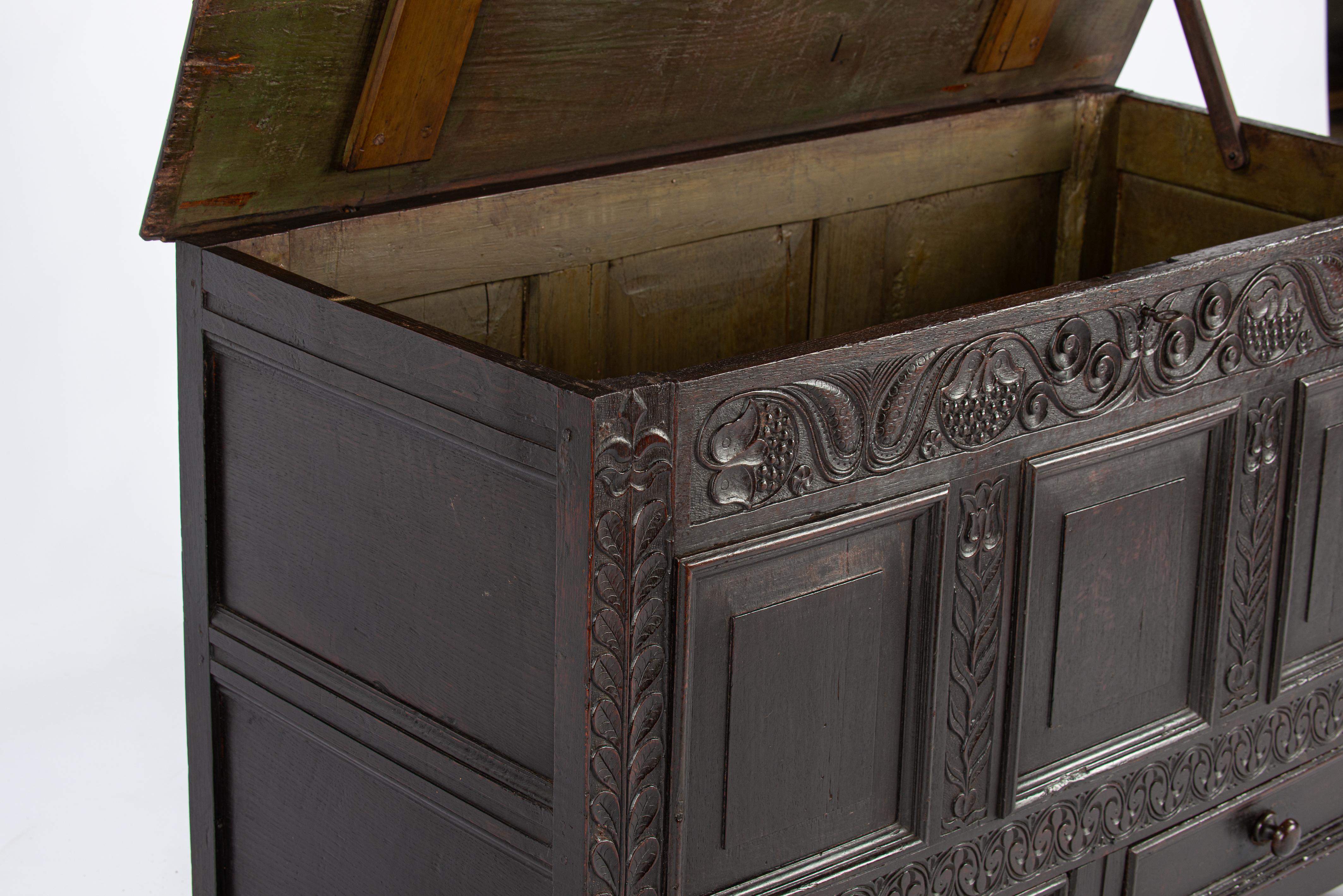 Antique english 18th century blacked or dark brown solid oak carved chest  trunk For Sale 9