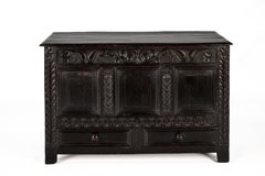Antique english 18th century blacked or dark brown solid oak carved chest  trunk