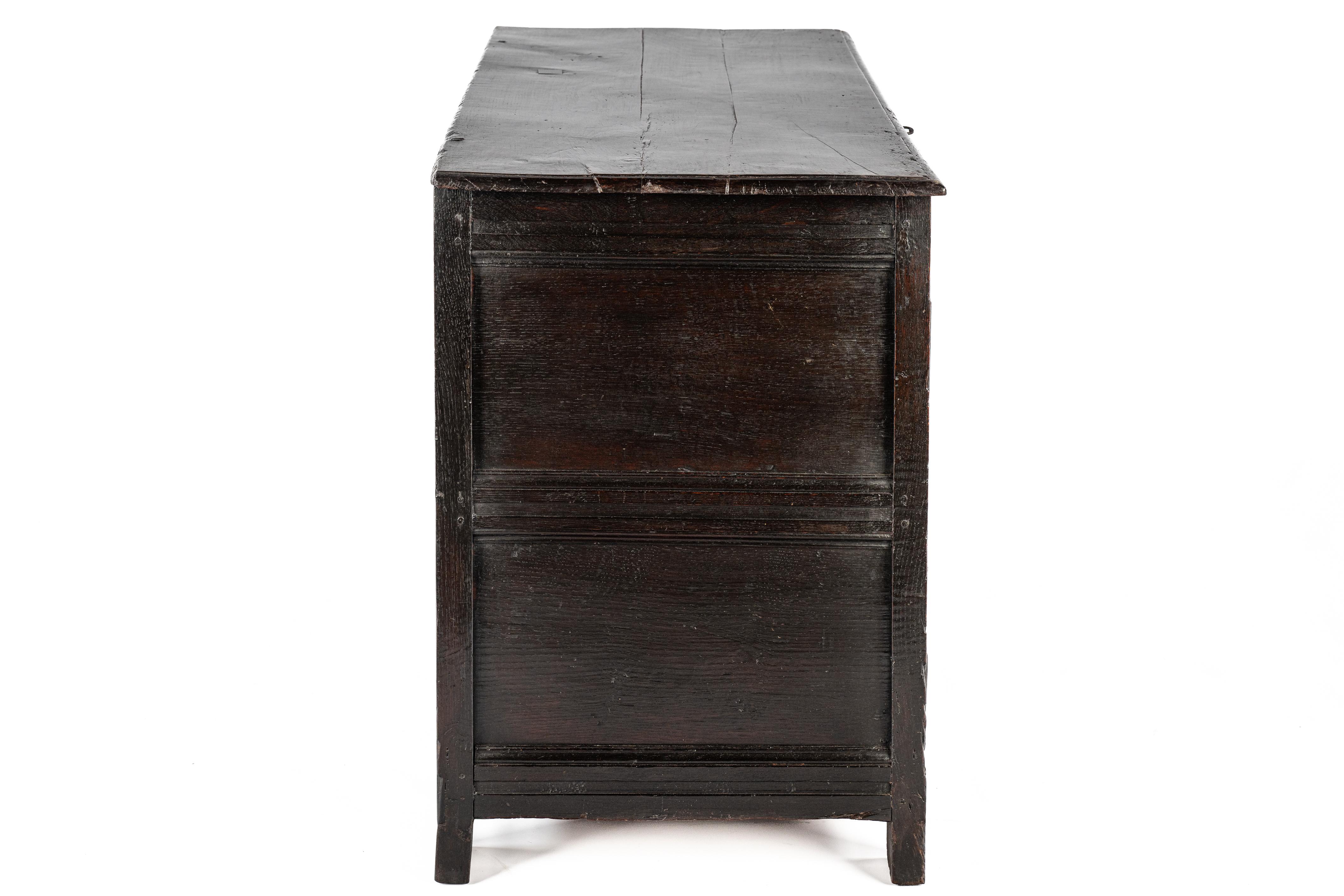 Stained Antique english 18th century blacked or dark brown solid oak carved chest  trunk For Sale