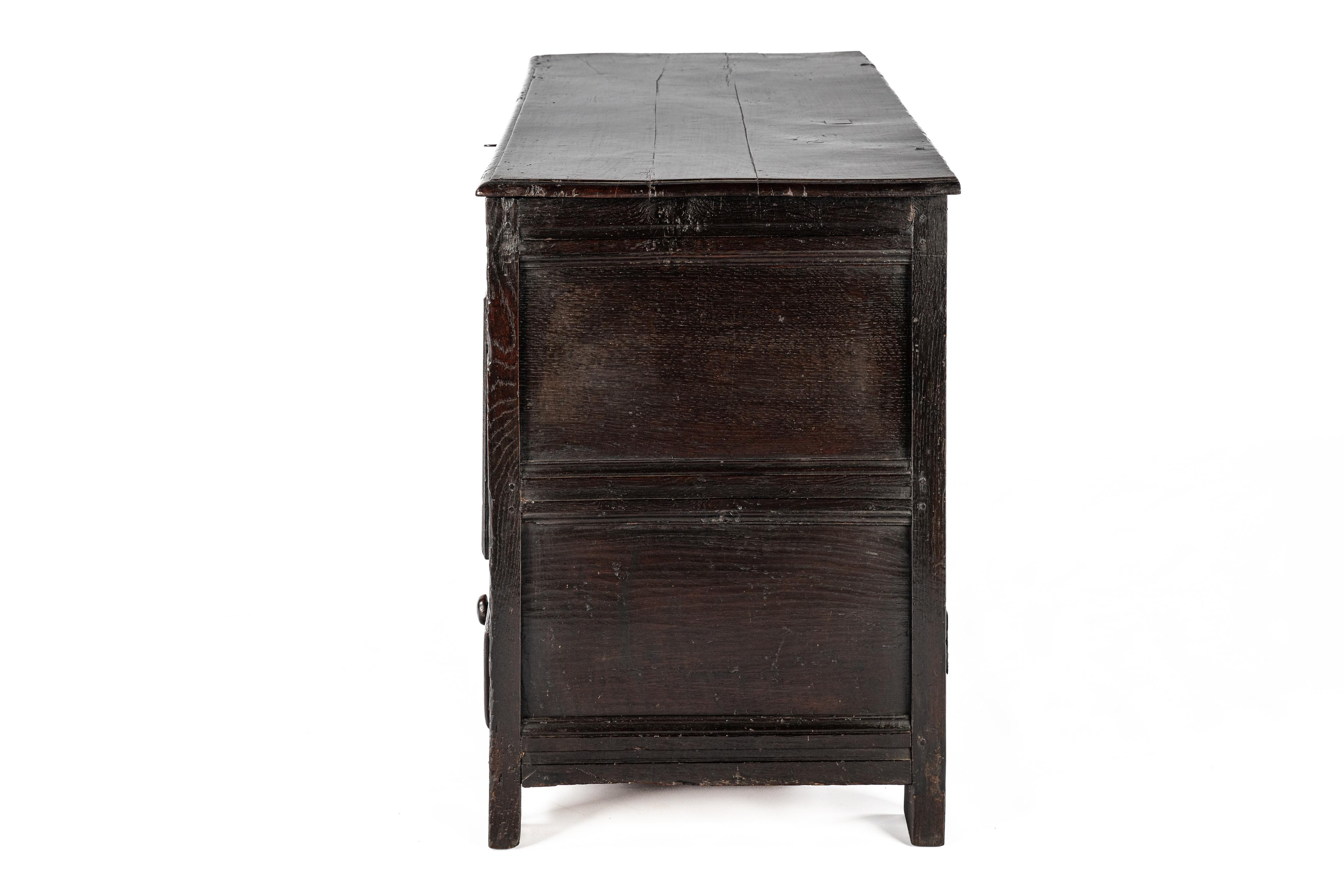 18th Century Antique english 18th century blacked or dark brown solid oak carved chest  trunk For Sale