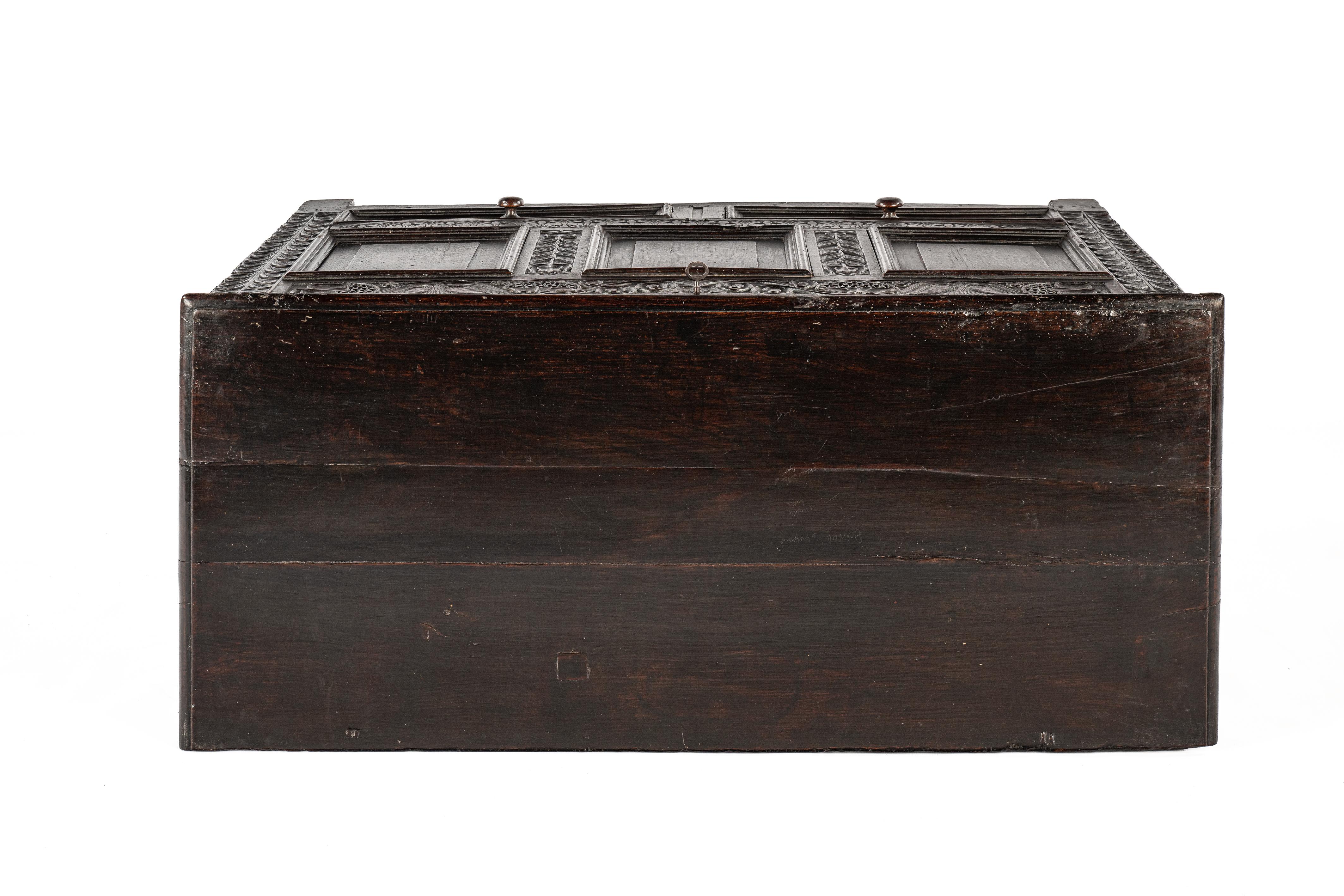 Oak Antique english 18th century blacked or dark brown solid oak carved chest  trunk For Sale