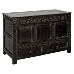 Used english 18th century blacked or dark brown solid oak carved chest  trunk