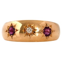 Antique English 1904 18ct Garnet Diamond Gold Gypsy Star Ring