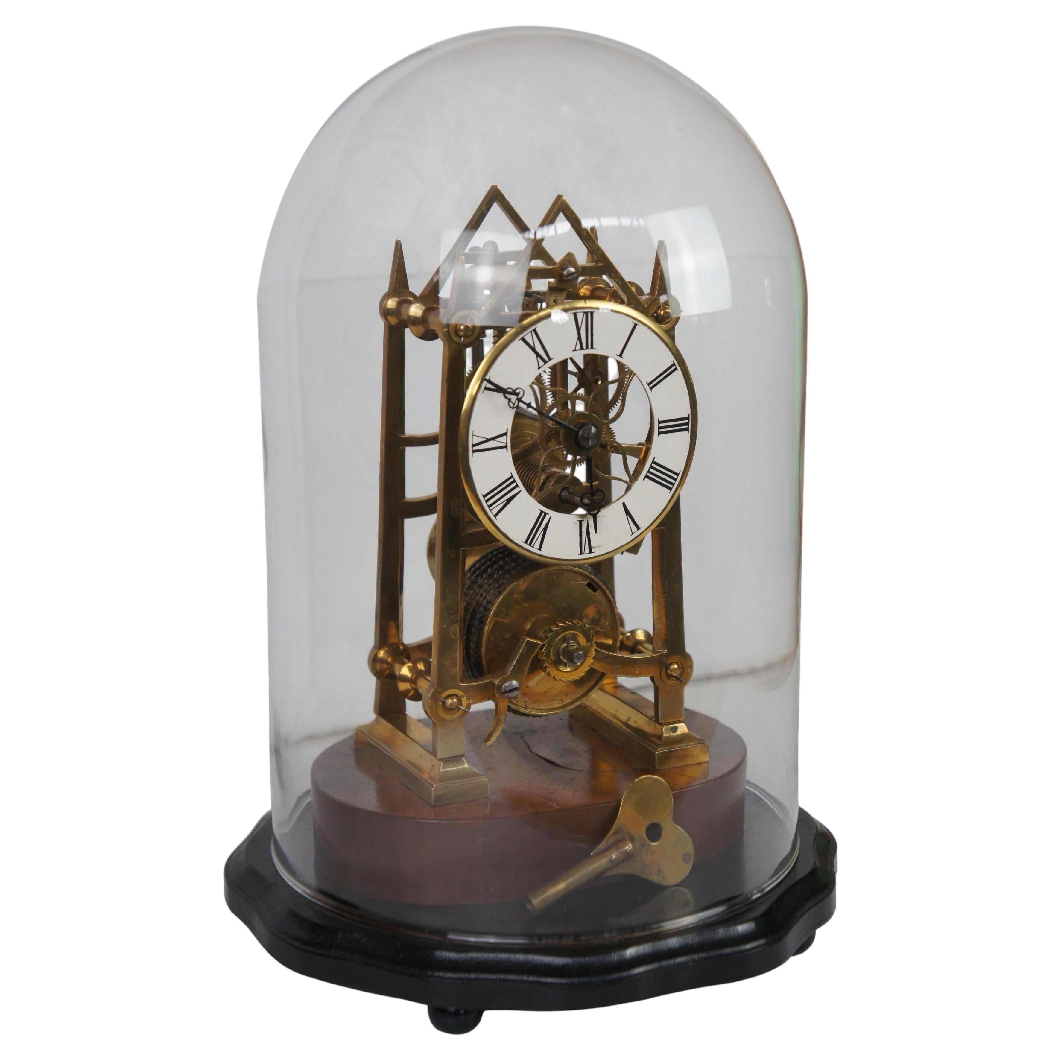 Antique English 19th Century 8 Day Fusee Skeleton Cathedral Glass Dome Clock For Sale