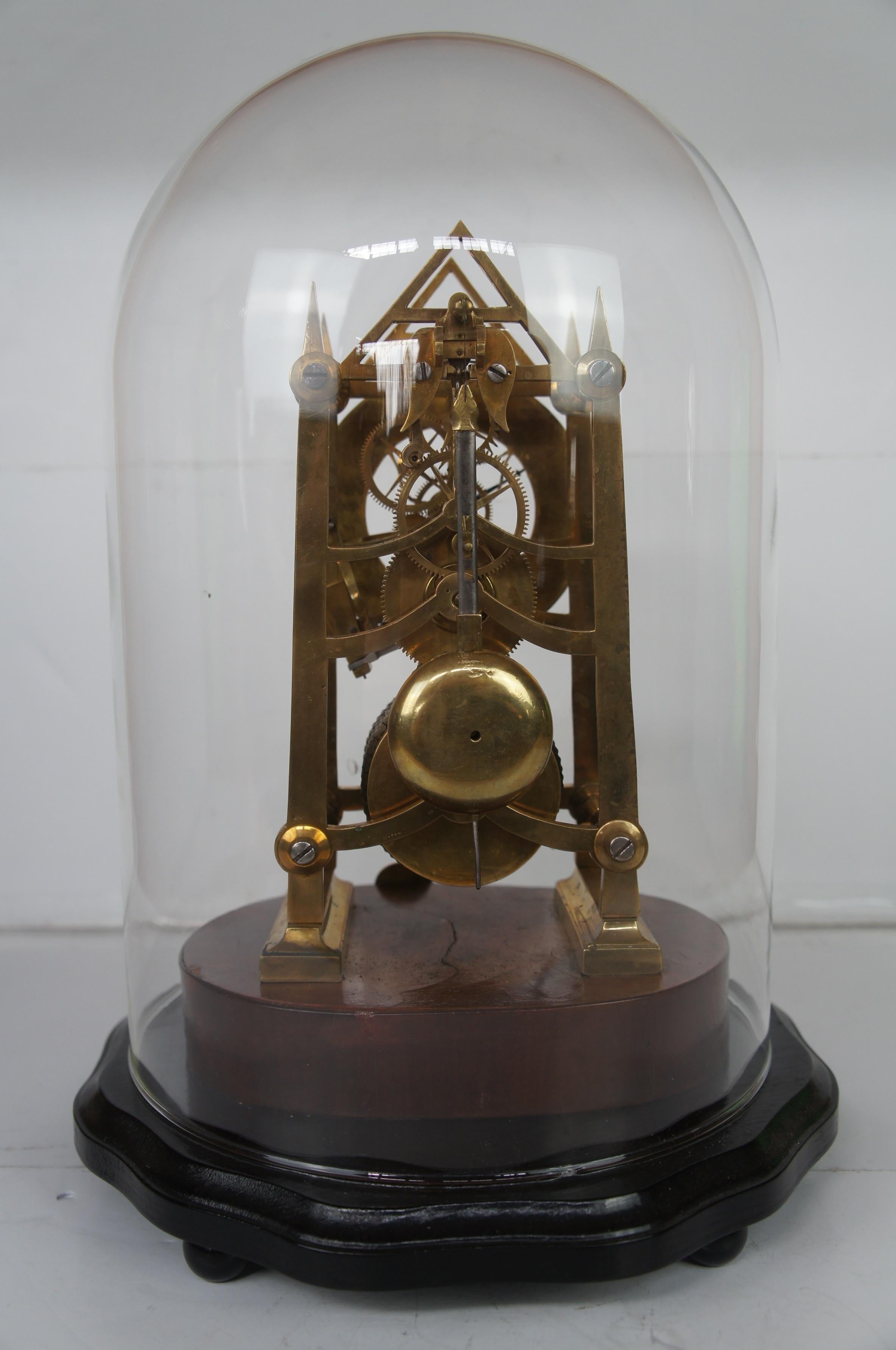 Victorian Antique English 19th Century 8 Day Fusee Skeleton Cathedral Glass Dome Clock For Sale