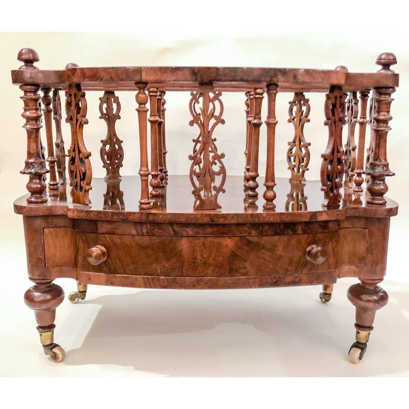 Antique English 19th century burled walnut canterbury. The burl is exceedingly beautiful on this piece.
 