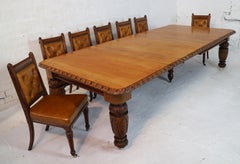 Antique English 19th Century Carved Golden Oak Extending Dining Table, Seats 12