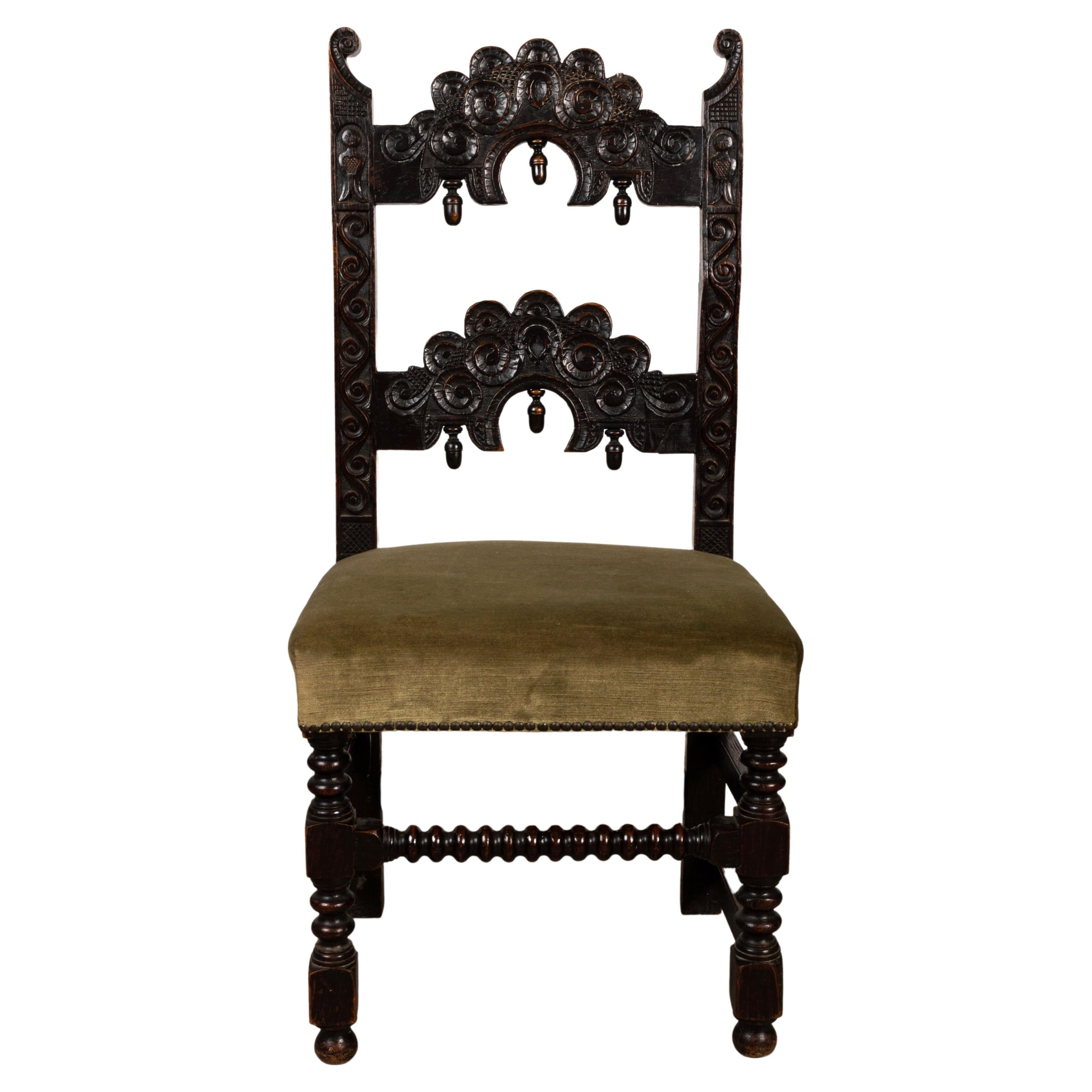 Upholstery Antique English 19th Century Charles II Style Oak Hall Chair For Sale