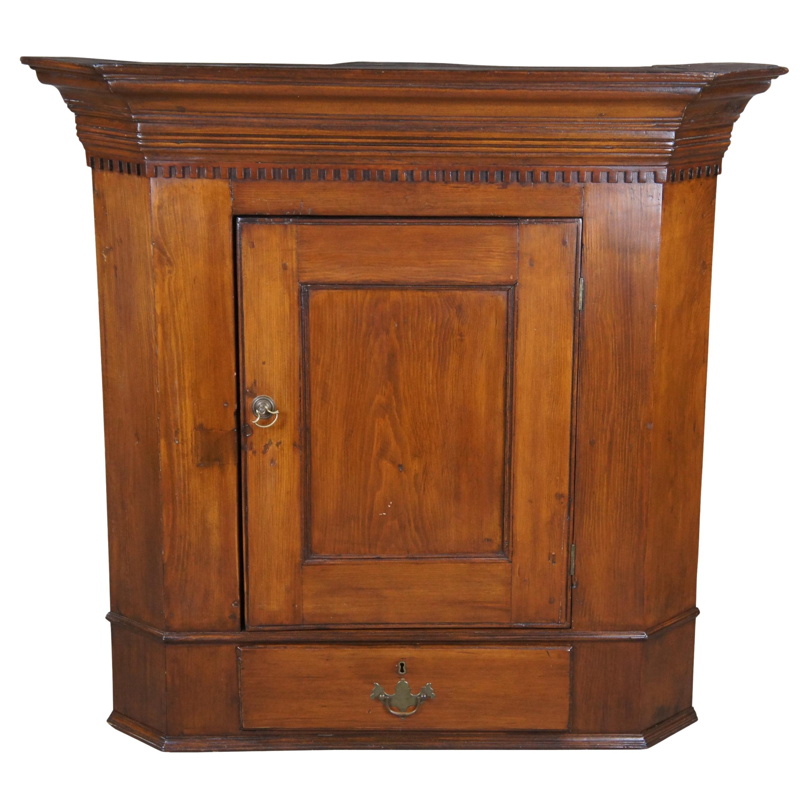 Antique English 19th Century Georgian Pine Hanging Corner Cabinet Cupboard 38"