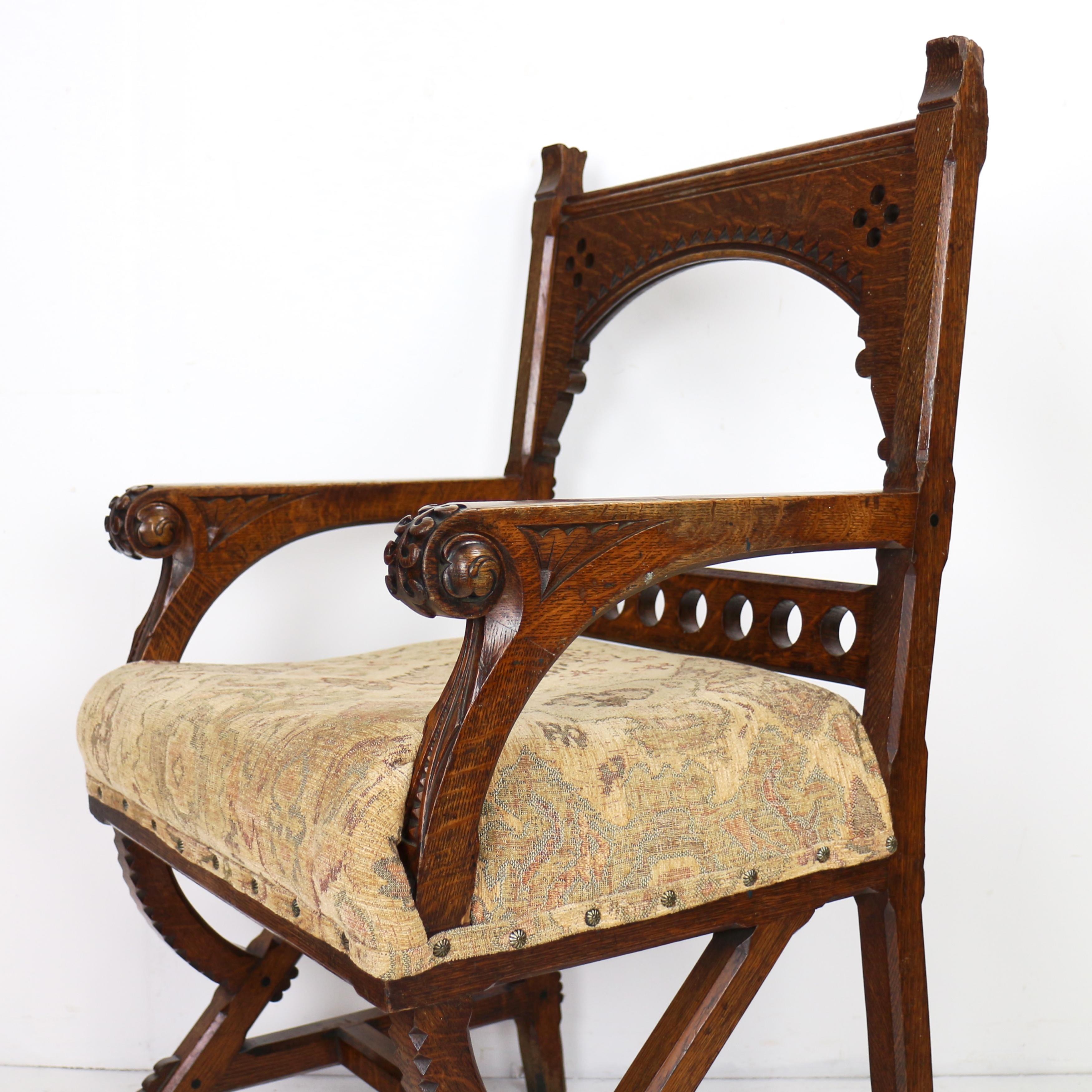 Inglese Antica poltrona inglese del XIX secolo in stile Gothic Revival estetico in Oak in vendita