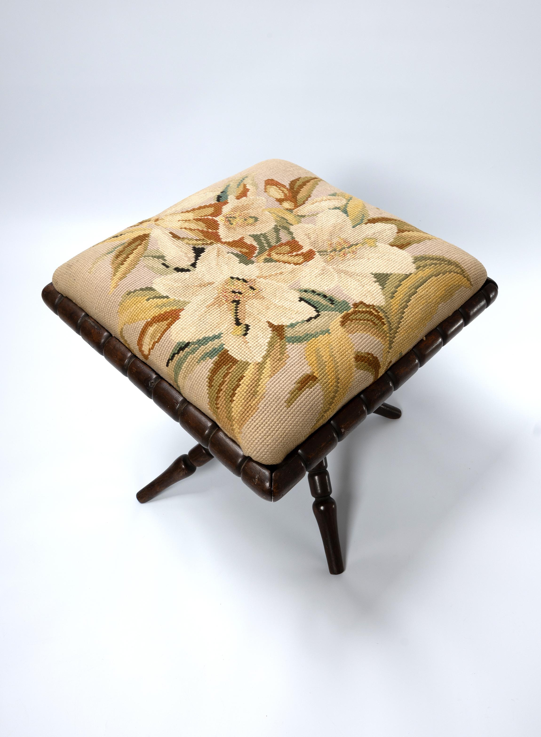 Wool Antique English 19th Century Needlepoint Bobbin Stool C.1880 For Sale