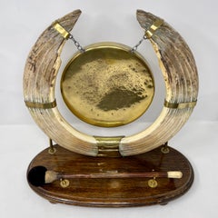 Antique English 19th Century Oak, Silver Plate & Hippopotamus Tusk Hunting Gong