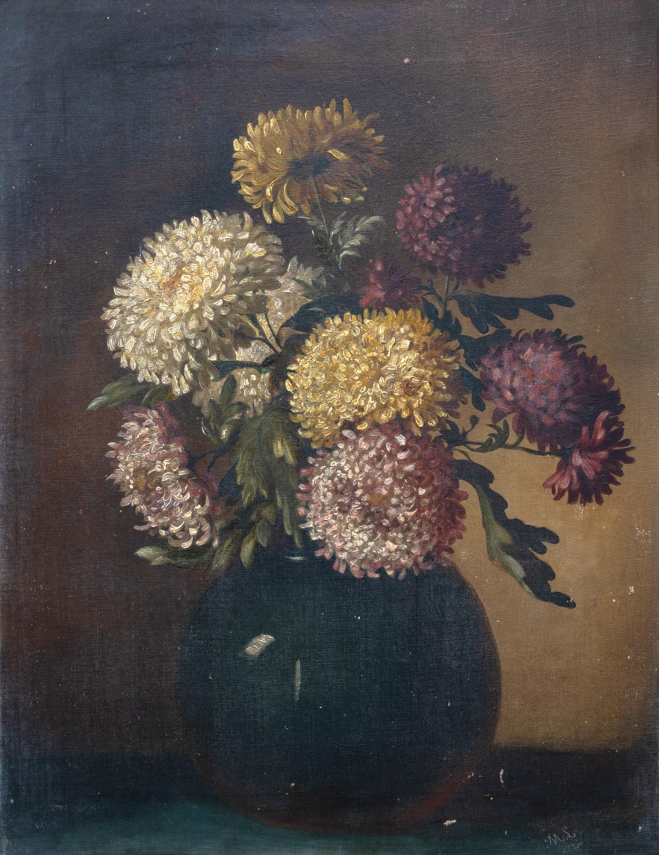 Antique English 19th Century Oil On Canvas Still Life Of chrysanthemums in a vase.
Signed 'M.L' 1889.
Gilt framed.
In good condition, showing some signs of wear commensurate of age.

Dimensions:
Frame: 59cm x 69cm
Picture: 34cm x 45cm