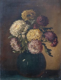 Antique English 19th Century Oil On Canvas Still Life Flowers