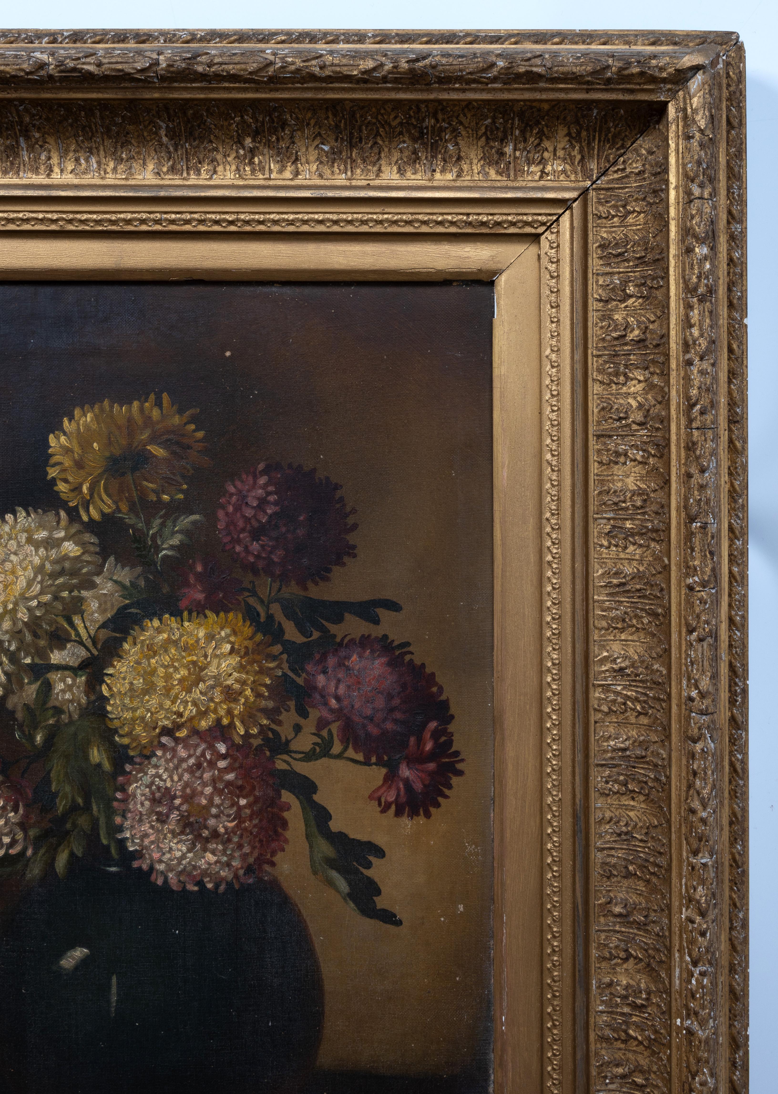 Paint Antique English 19th Century Oil On Canvas Still Life Flowers For Sale