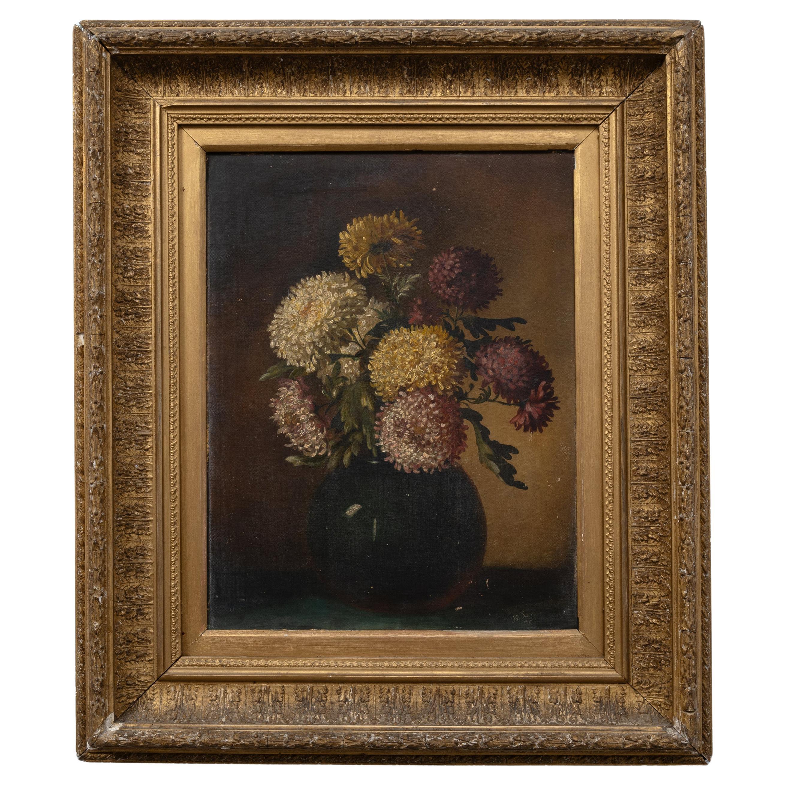 Antique English 19th Century Oil On Canvas Still Life Flowers