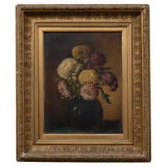 Antique English 19th Century Oil On Canvas Still Life Flowers