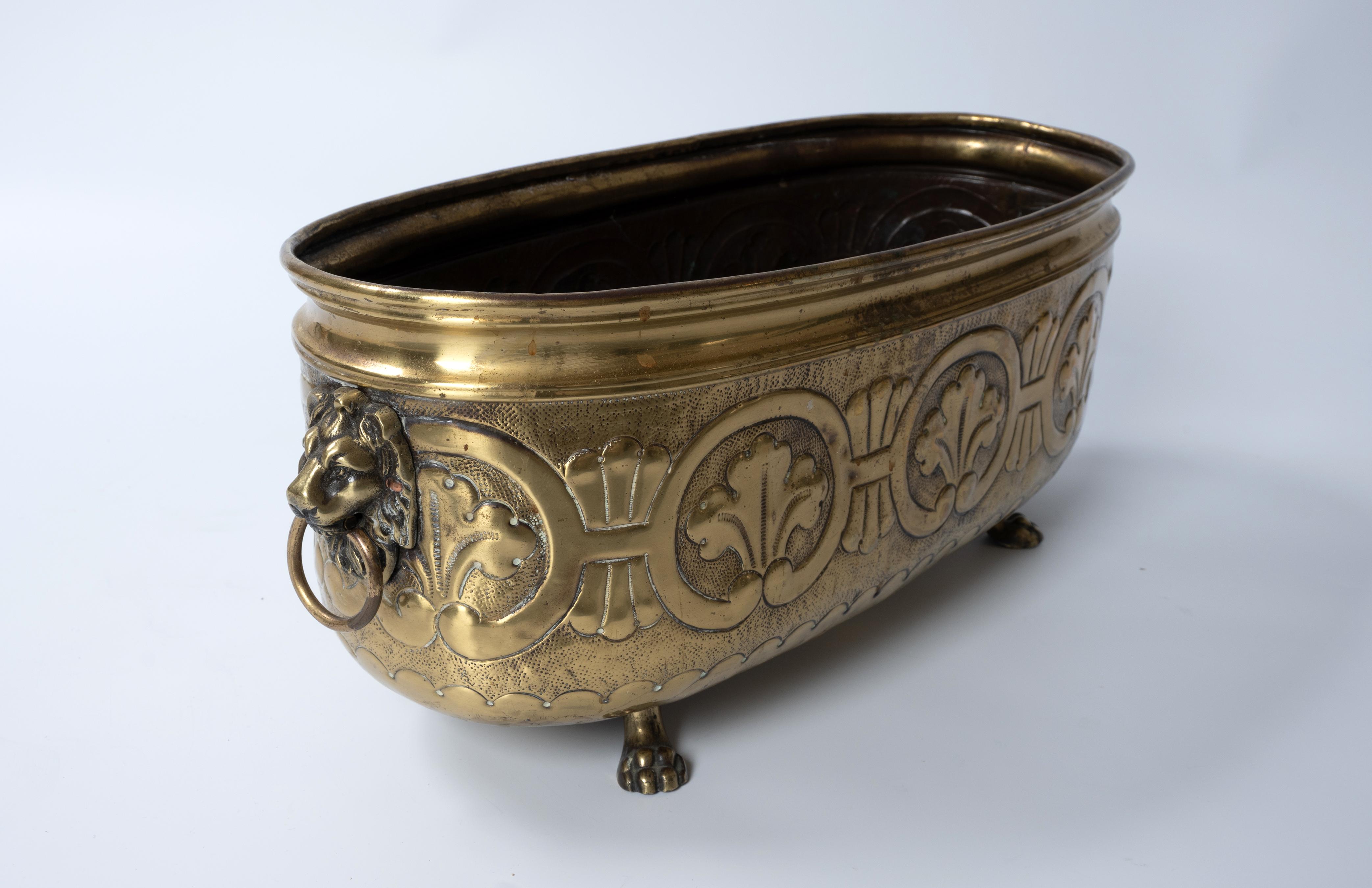 Victorian Antique English 19th Century Oval Brass Jardinière Planter Lion's Head For Sale