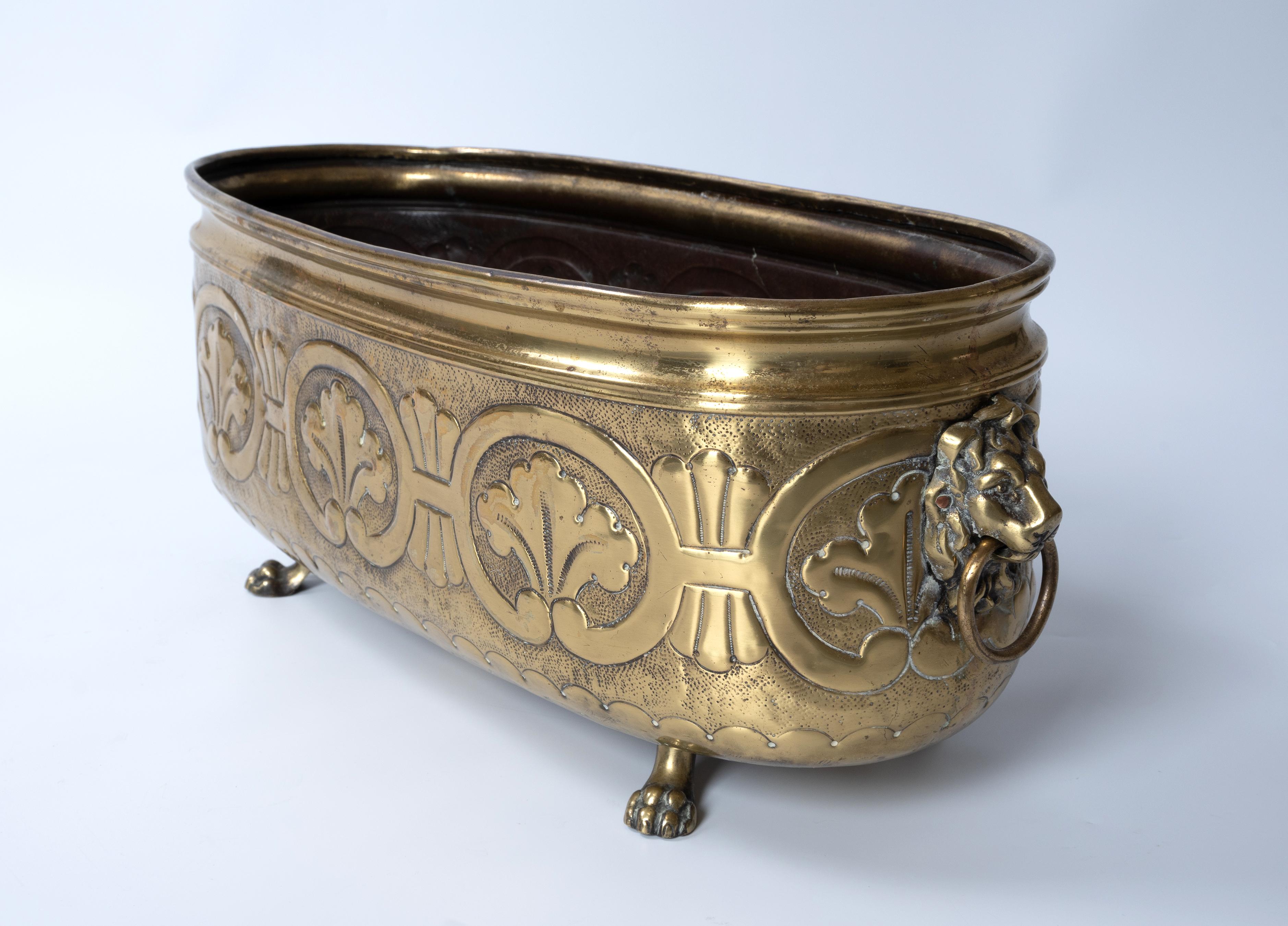 Antique English 19th Century Oval Brass Jardinière Planter Lion's Head For Sale 1