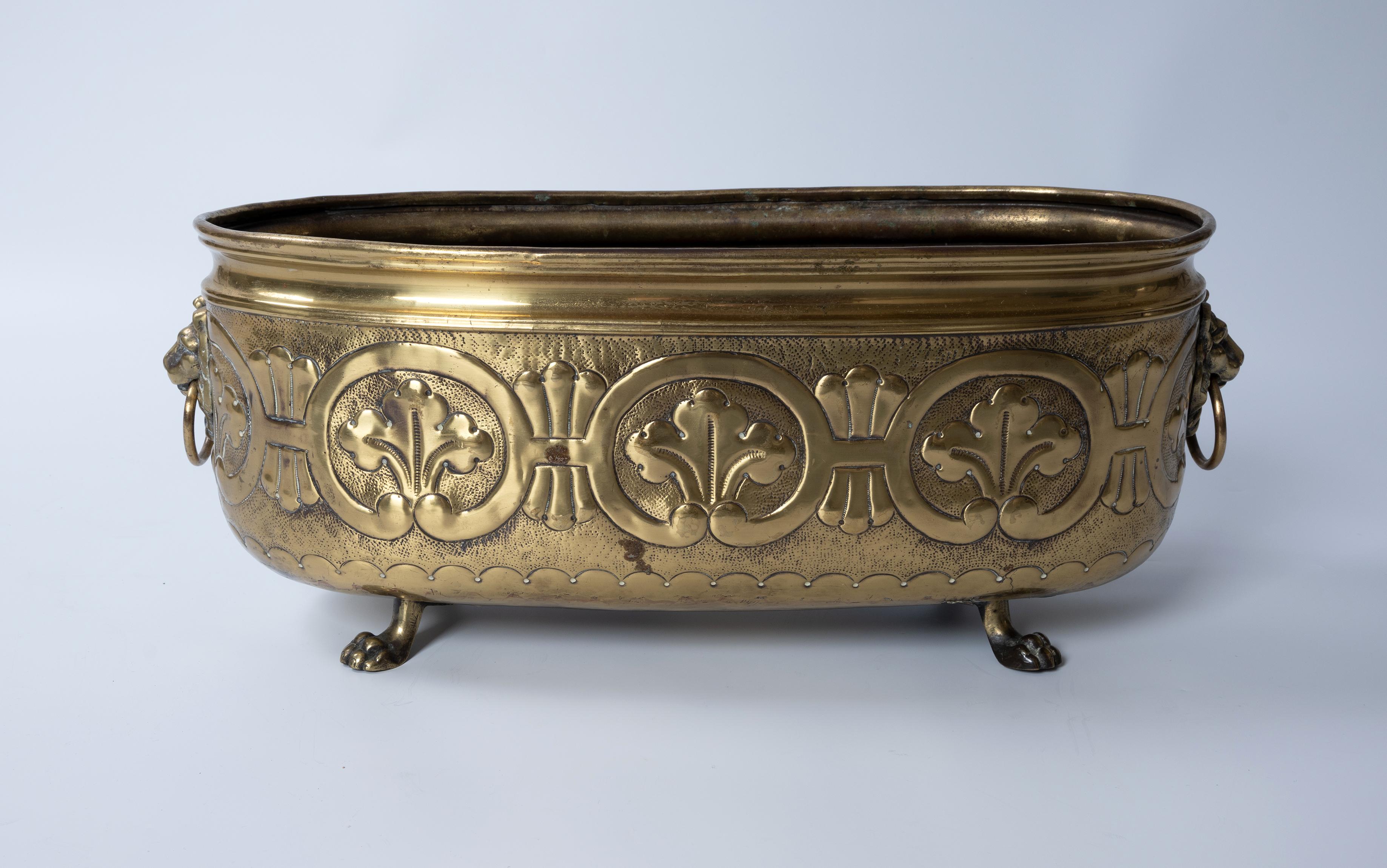 Antique English 19th Century Oval Brass Jardinière Planter Lion's Head For Sale 4