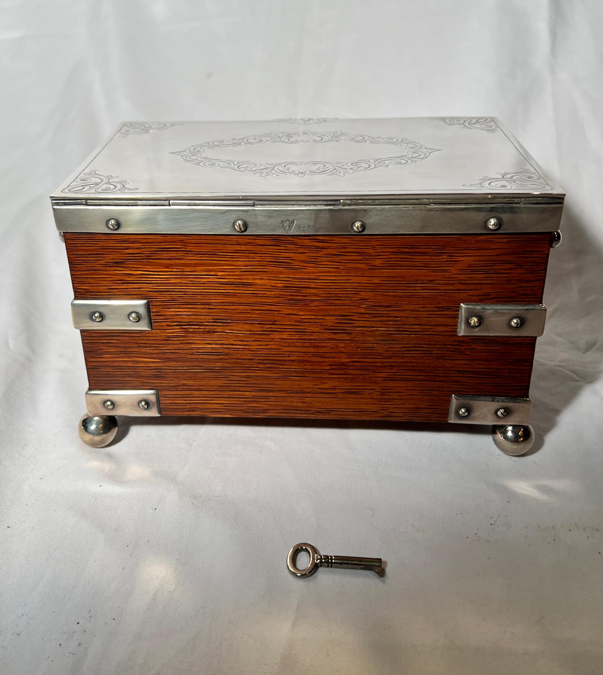 Oak Antique English 19th century Tea Caddy Sheffield Silver Trim For Sale