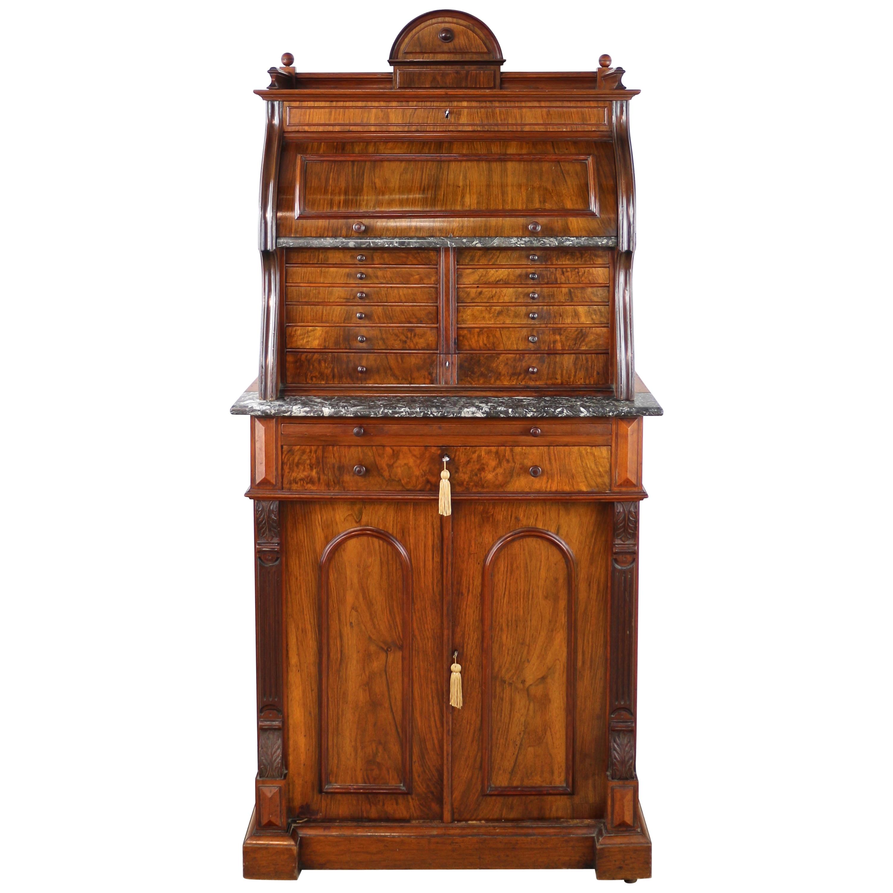 Antique English 19th Century Victorian Burr Walnut Dentist's Collector's Cabinet