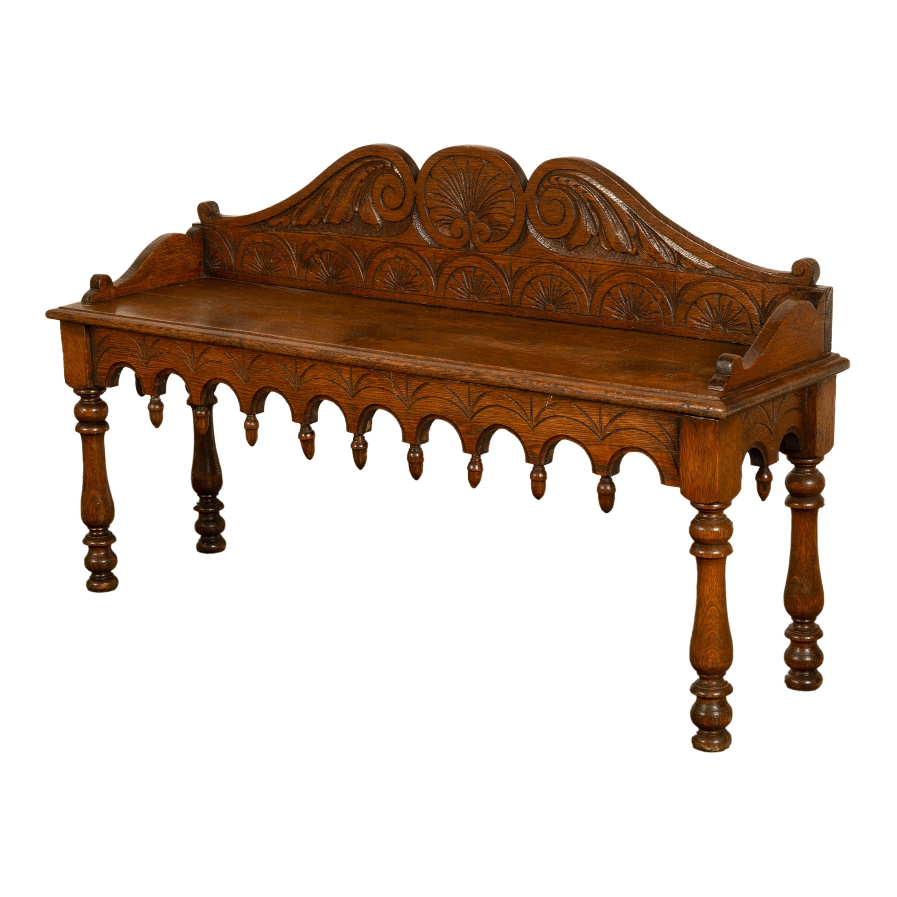 Antique English 19th Century Victorian Carved Oak Hall Window Seat Bench 1890 (Spätviktorianisch) im Angebot