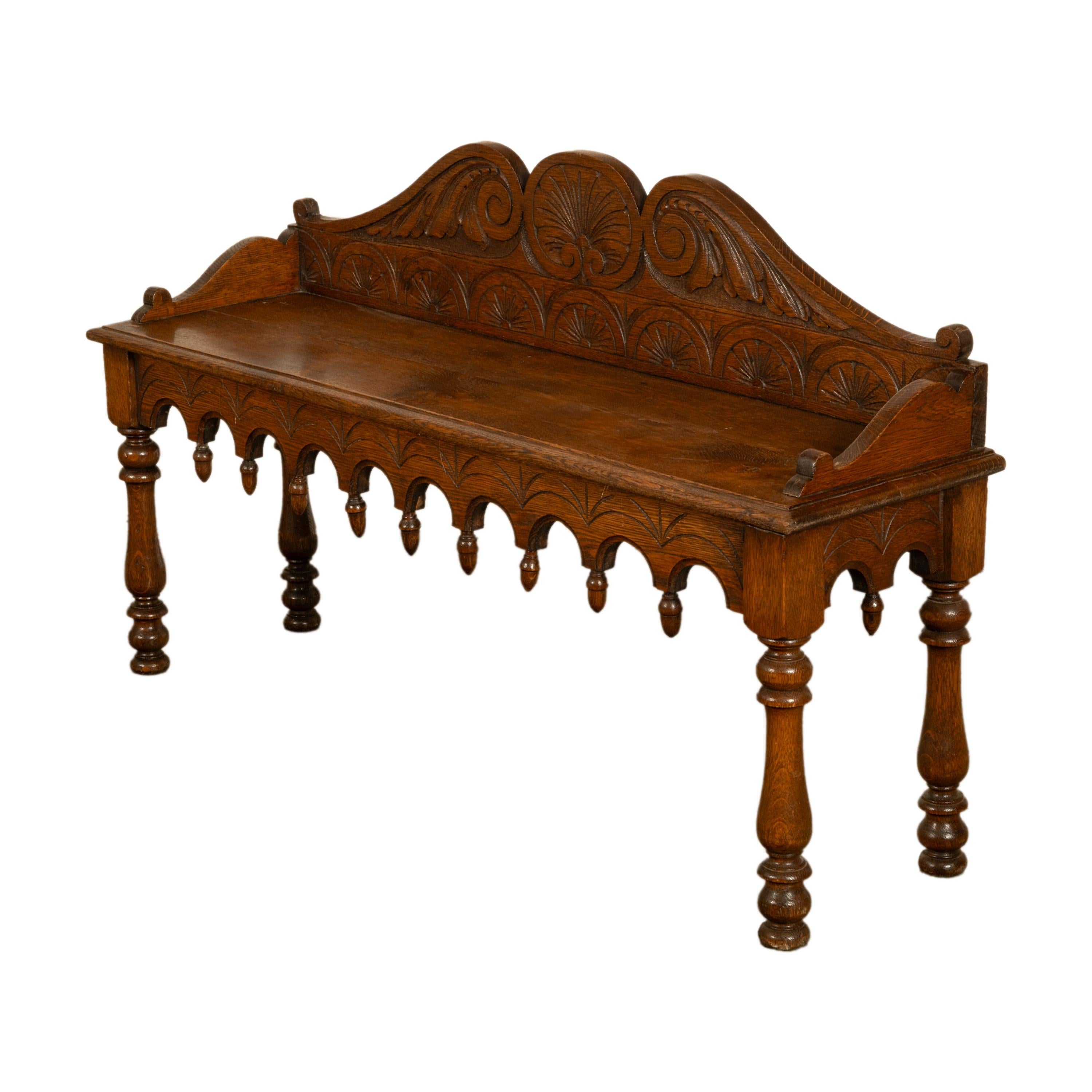 Antique English 19th Century Victorian Carved Oak Hall Window Seat Bench 1890 (Englisch) im Angebot