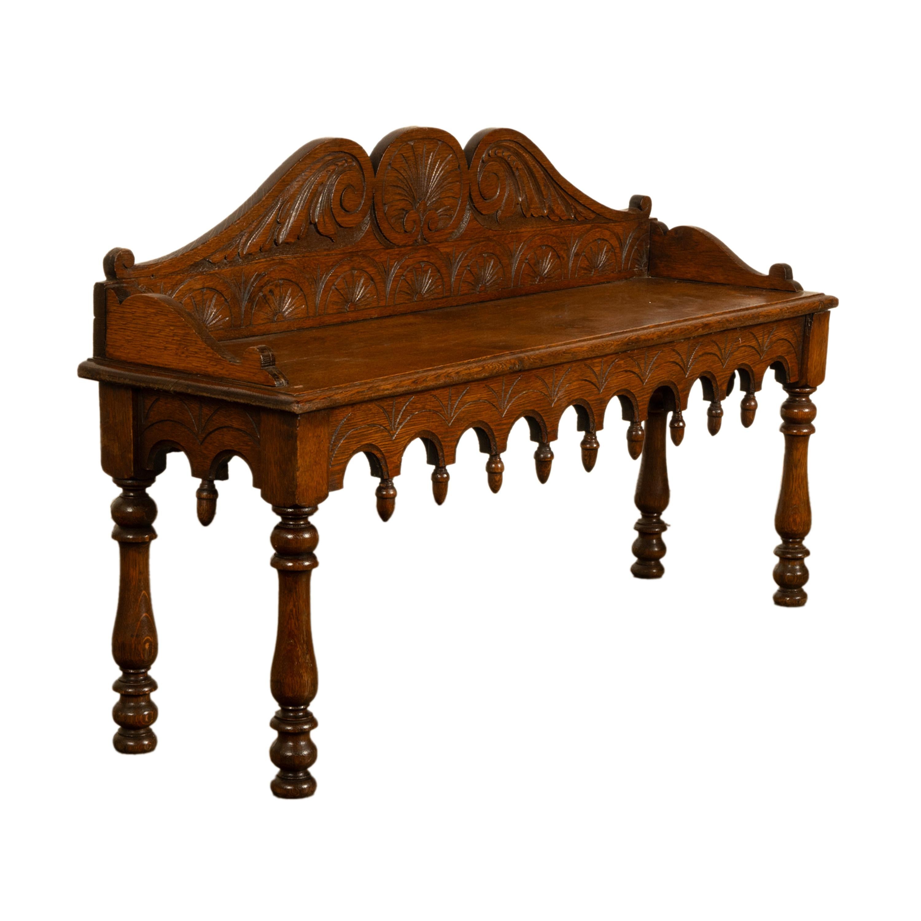 Antique English 19th Century Victorian Carved Oak Hall Window Seat Bench 1890 (Geschnitzt) im Angebot