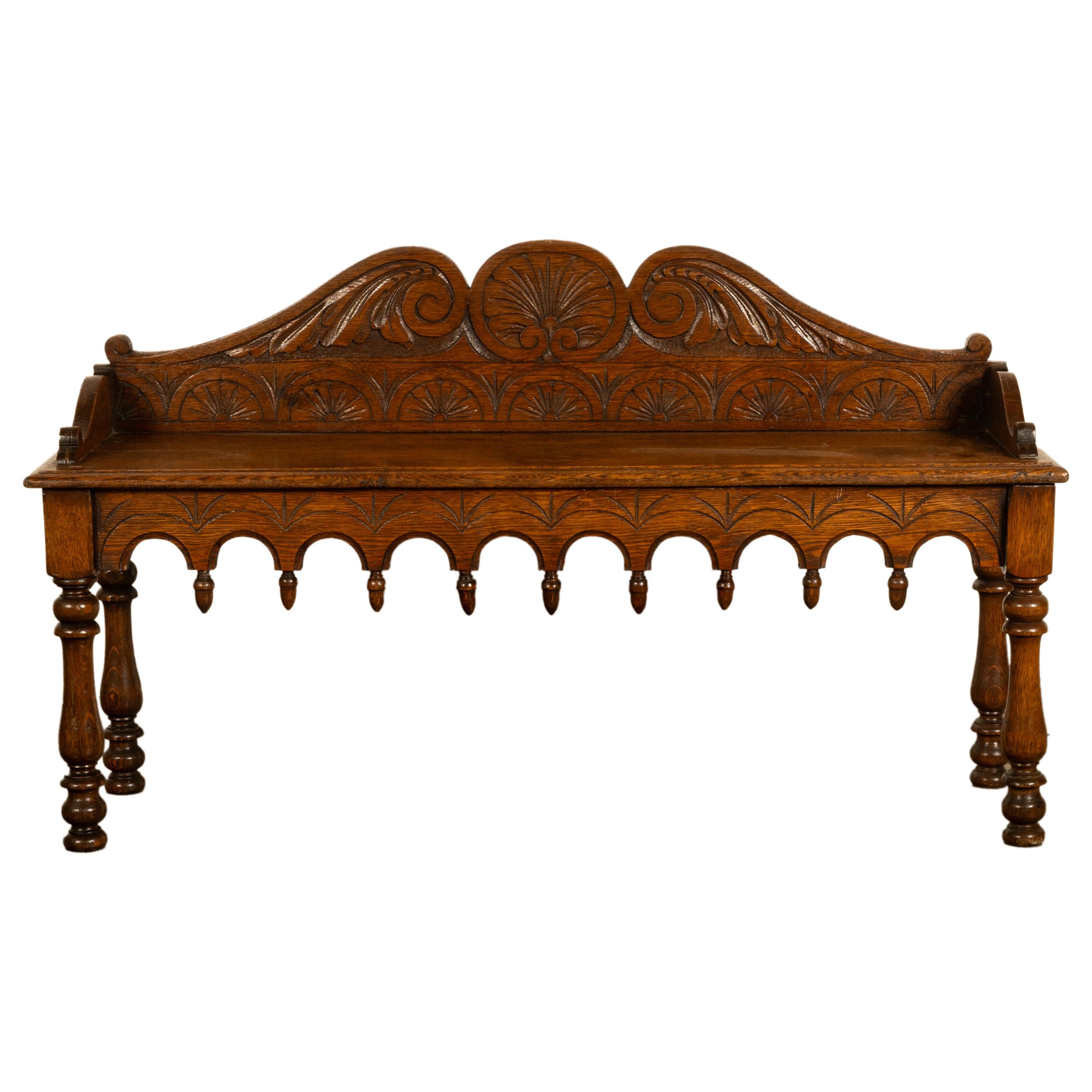 Antique English 19th Century Victorian Carved Oak Hall Window Seat Bench 1890 im Zustand „Gut“ im Angebot in Portland, OR